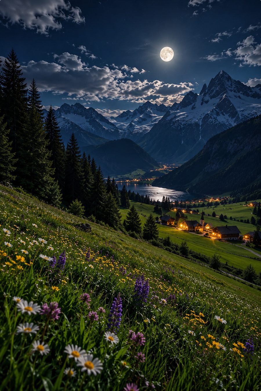 Moonlit alpine meadow with wildflowers overlooking a glowing village and lake under a full moon and snow-capped peaks