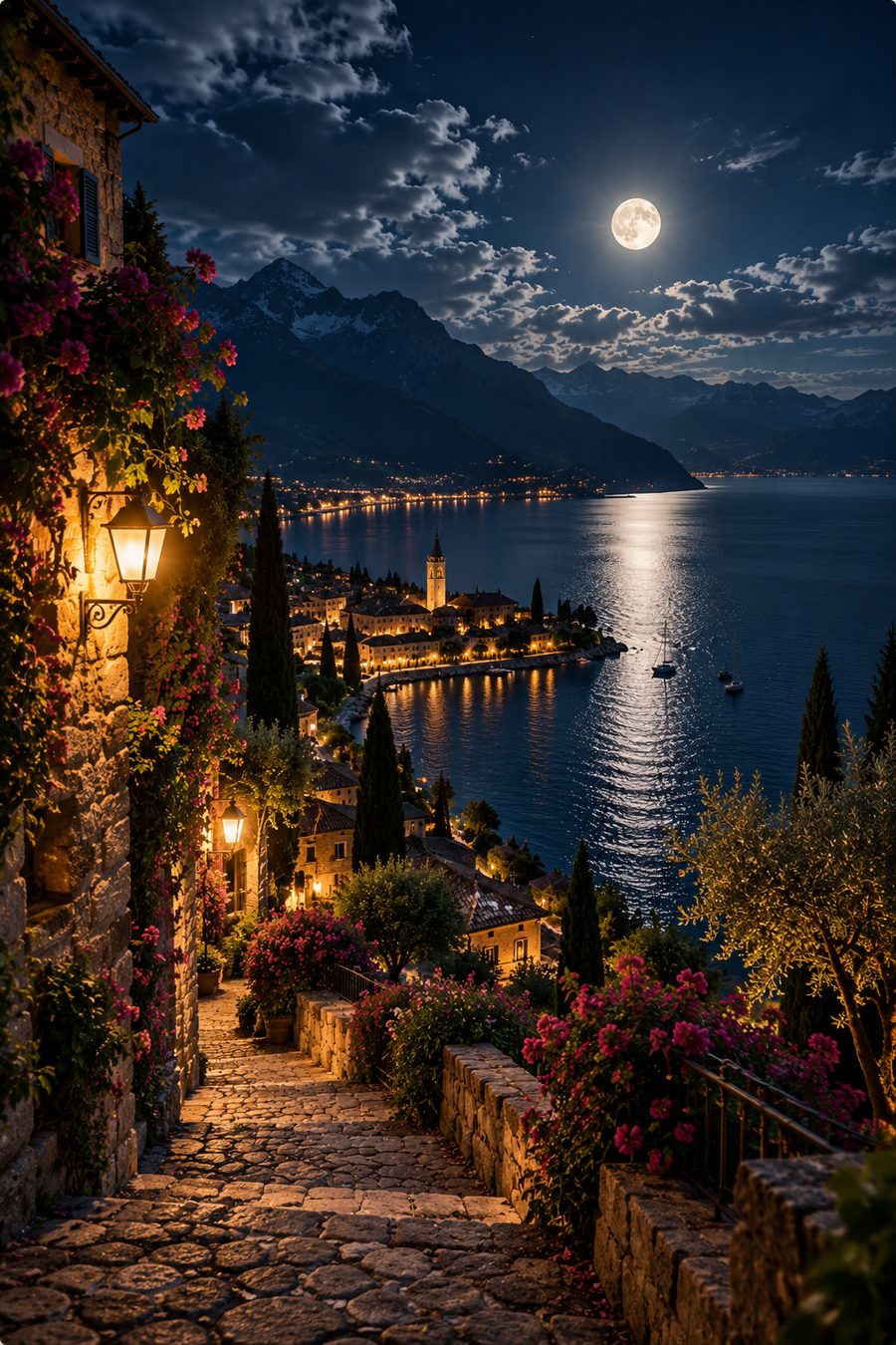 Moonlit Mediterranean lakeside village with pink flowers, warm lantern light, bell tower, sailboat, and full moon reflecting on the water