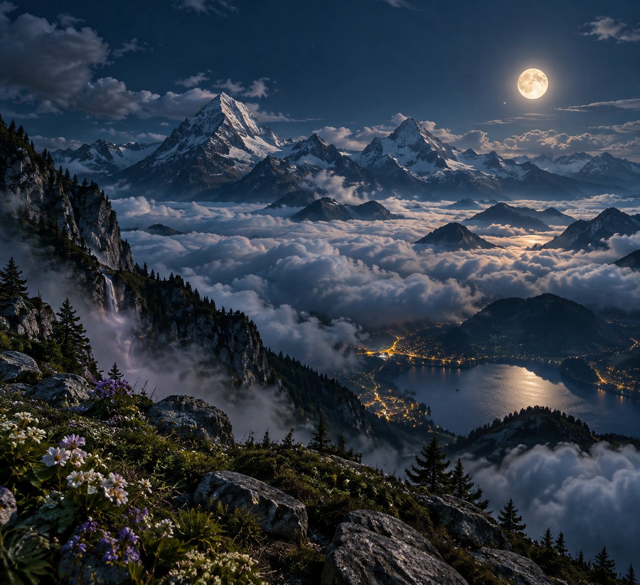 Snowy peaks rising above a cloud inversion under a full moon