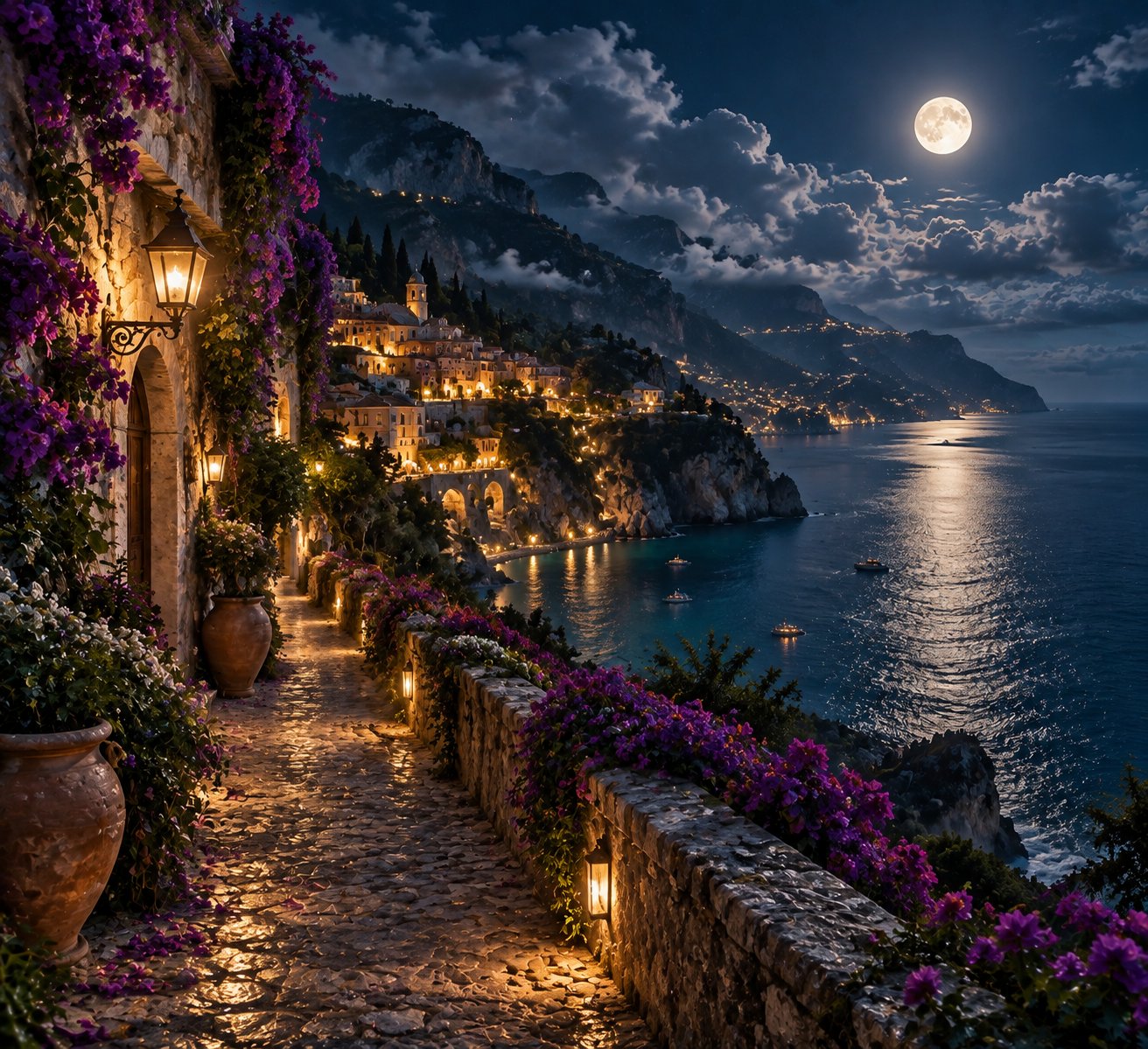 Coastal cliffside town with purple flowers and a moonlit path