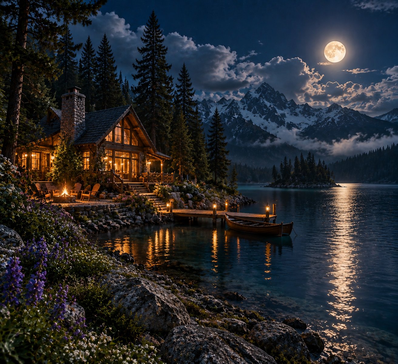 Cozy lakeside cabin with moon reflection and pine trees
