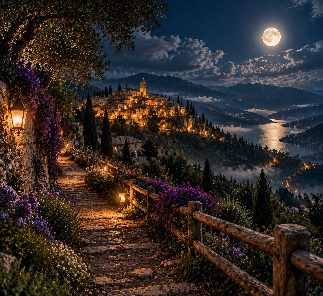 Hilltop path with wooden fences leading to a glowing village