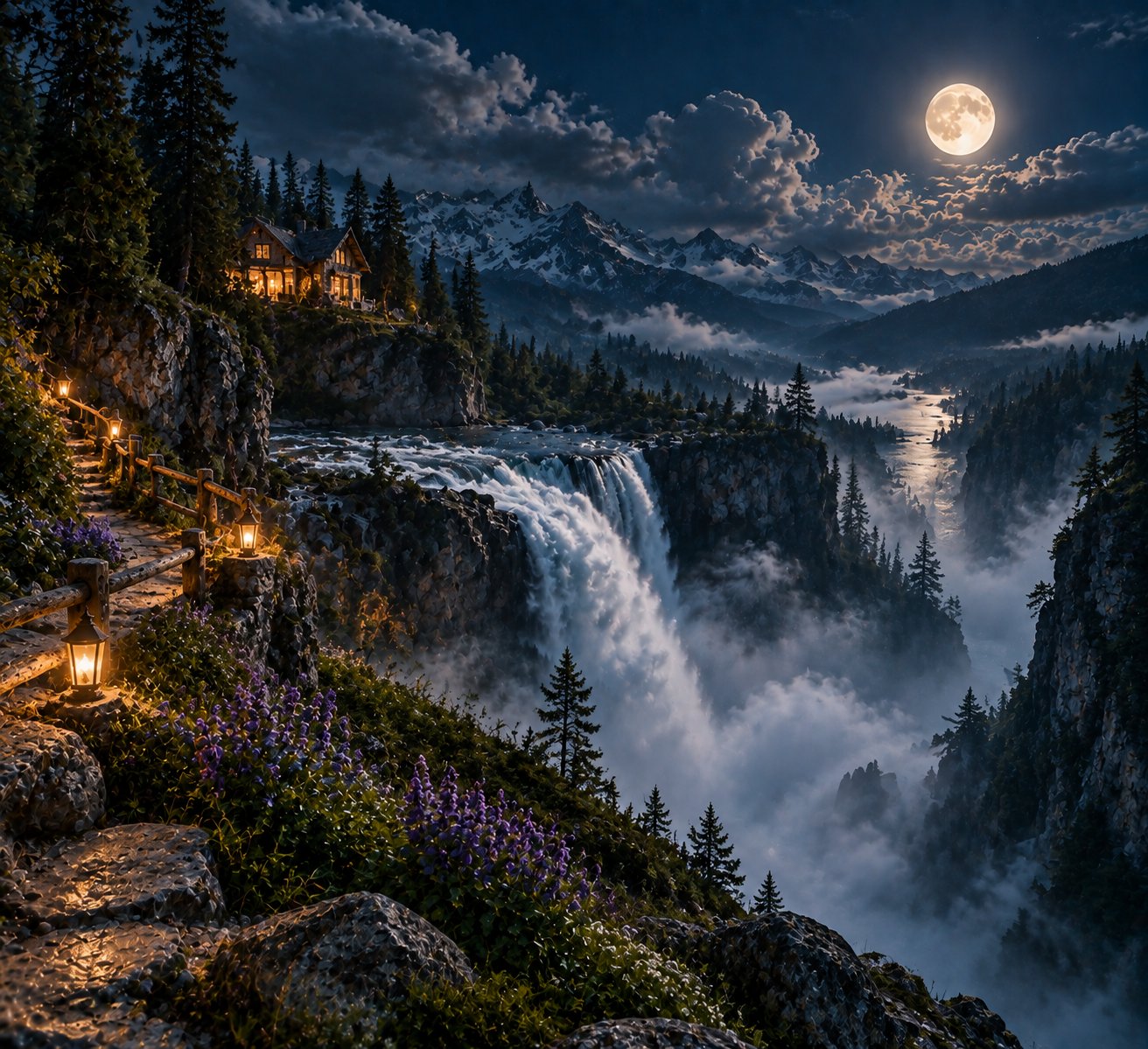 Moonlit waterfall descending through a misty gorge