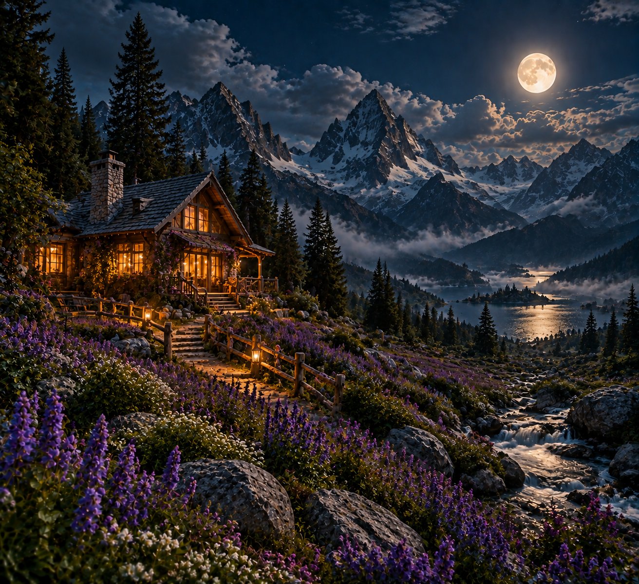 Cabin in a purple wildflower meadow with rocky mountain peaks