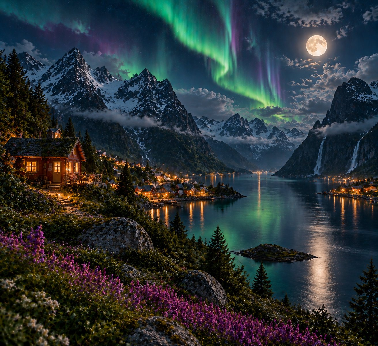 Northern lights over a fjord with snowy mountains