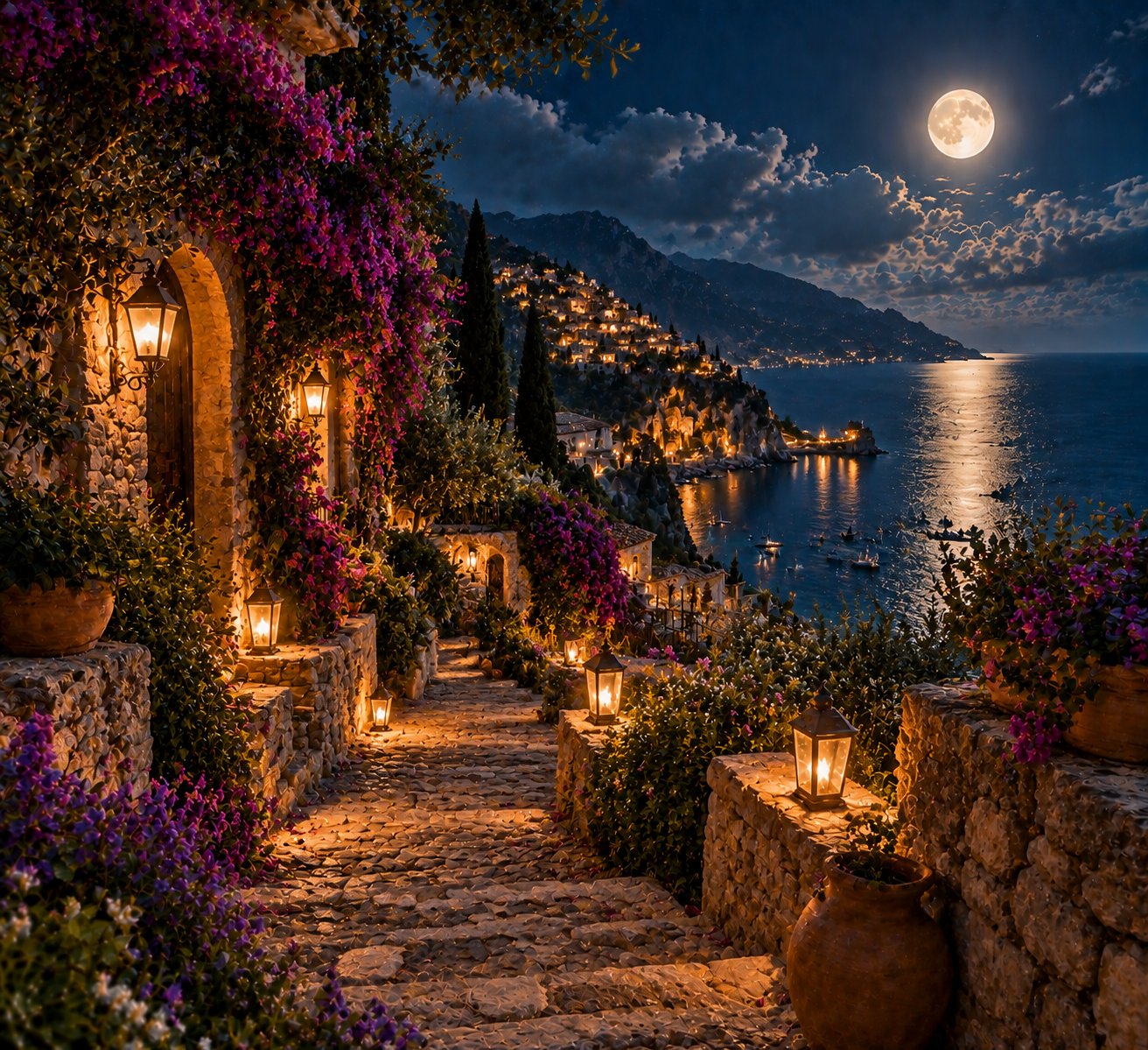 Mediterranean lantern-lit stone walk leading to a moonlit sea