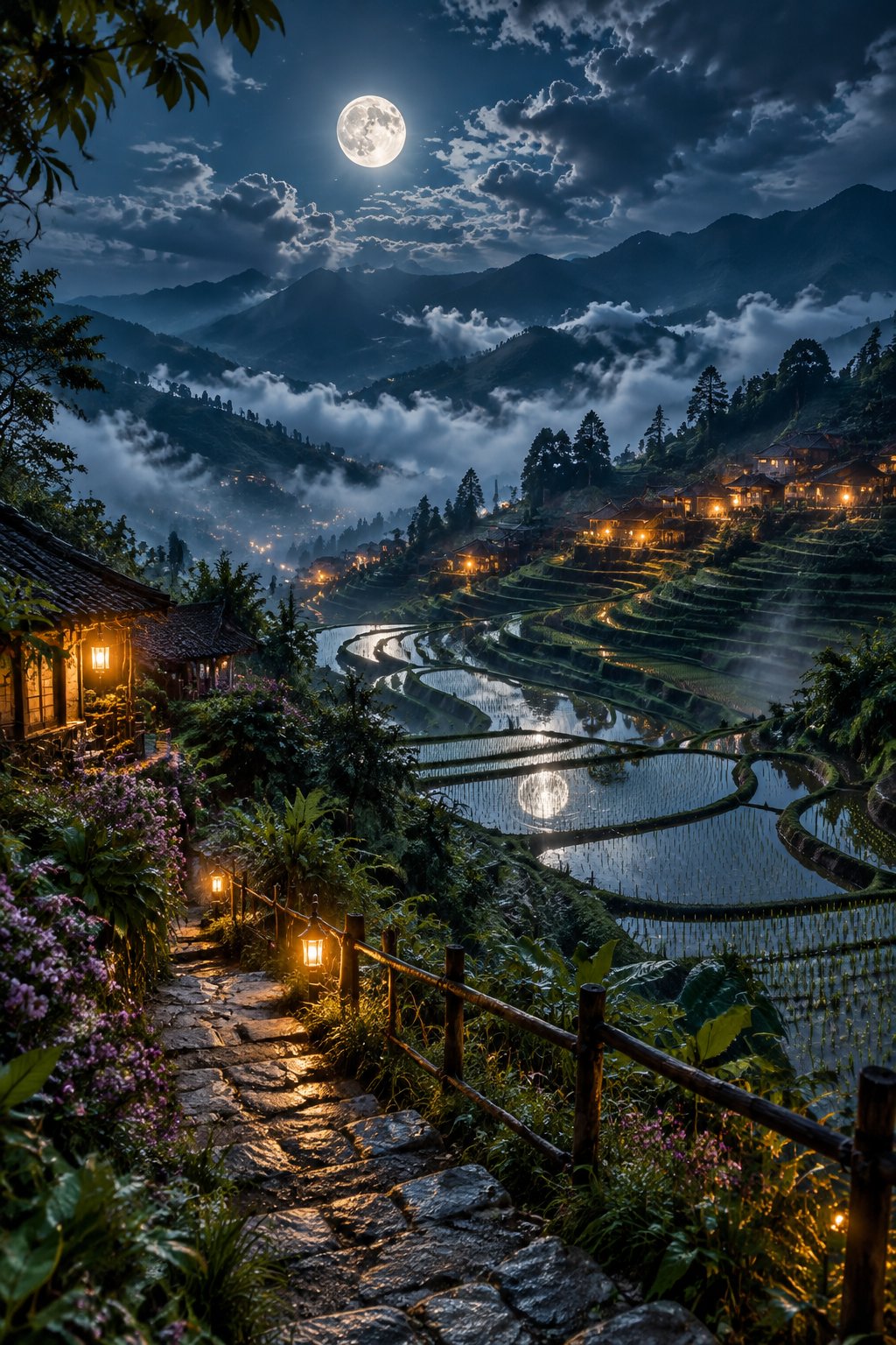 Moonlit rice terraces cascading down a misty hillside with warm village lights and a full moon reflected in flooded paddies