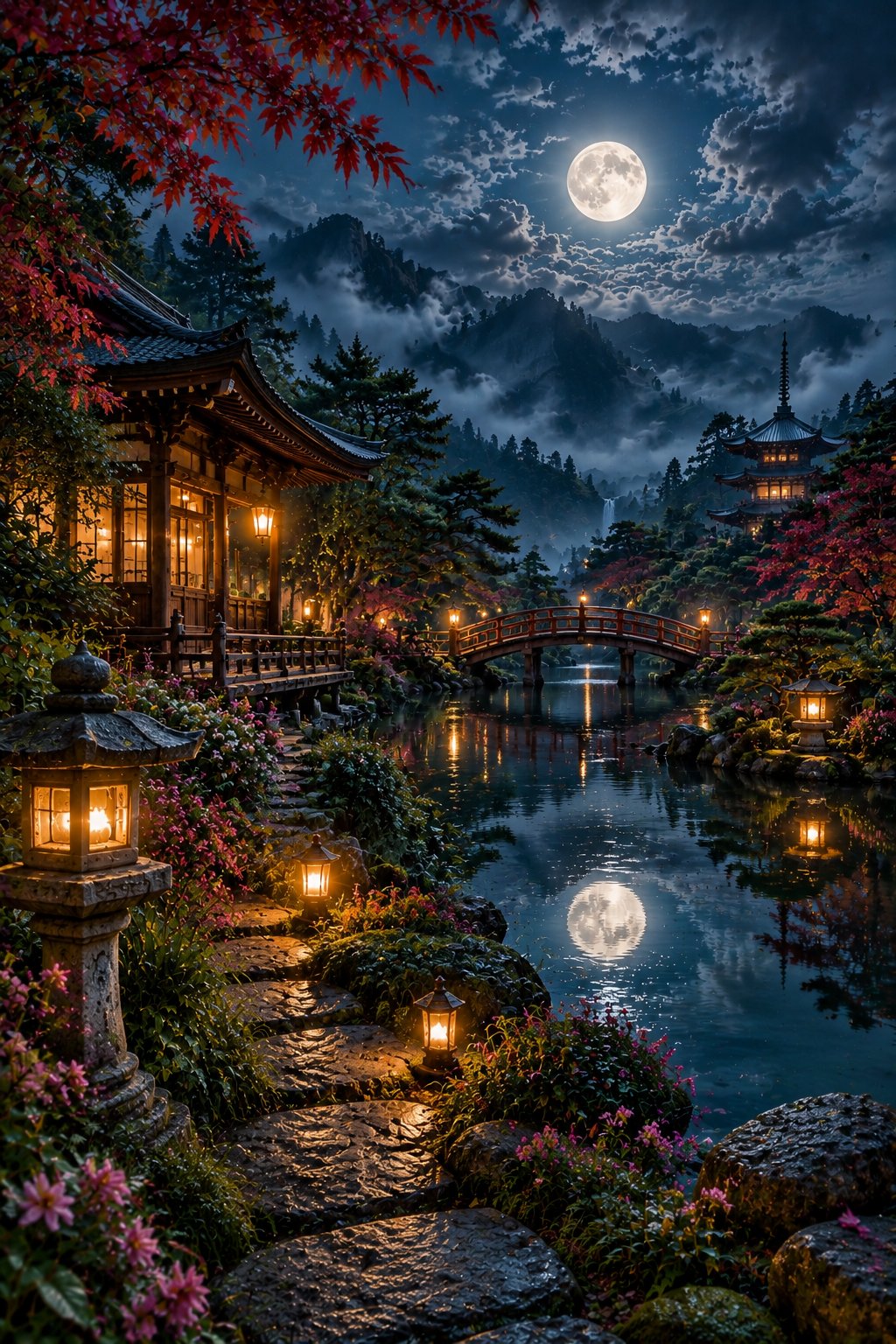 Moonlit Japanese temple garden with a still pond reflecting a full moon, stone lanterns, maple and pine trees