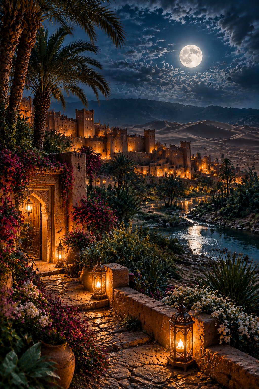 Moonlit Moroccan kasbah at the edge of desert dunes with warm lantern light, palms, and wildflowers in an oasis