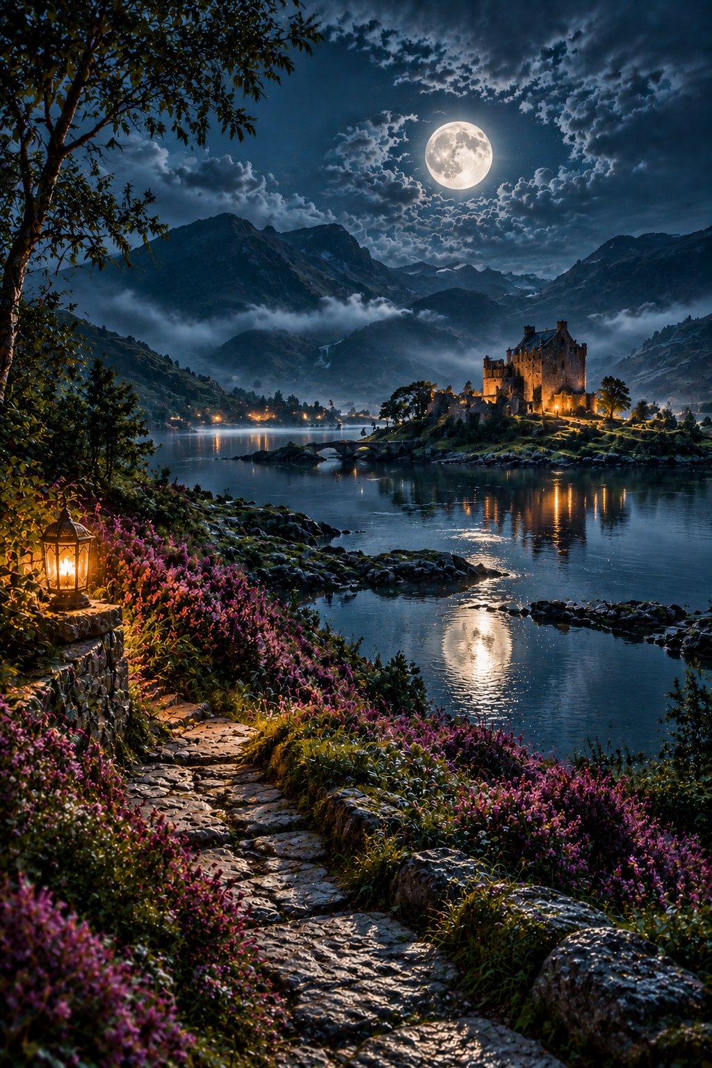 Moonlit Scottish Highlands loch with castle ruins glowing on a distant shore, heather and wildflowers in the foreground