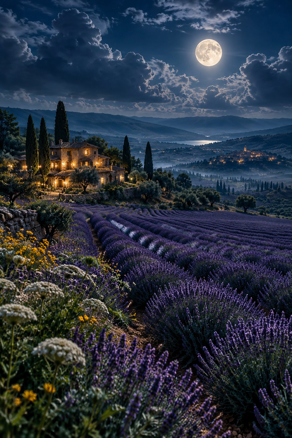 Moonlit Provence lavender fields in long purple rows under a full moon, distant stone farmhouse with warm window lights, wildflowers in the foreground