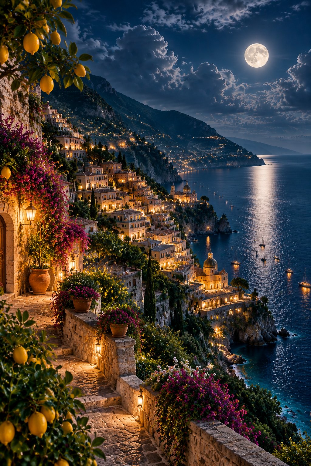 Cliffside Amalfi coast terraces at night with warm glowing windows, lemon trees, and a silver moonlight path across the Mediterranean sea