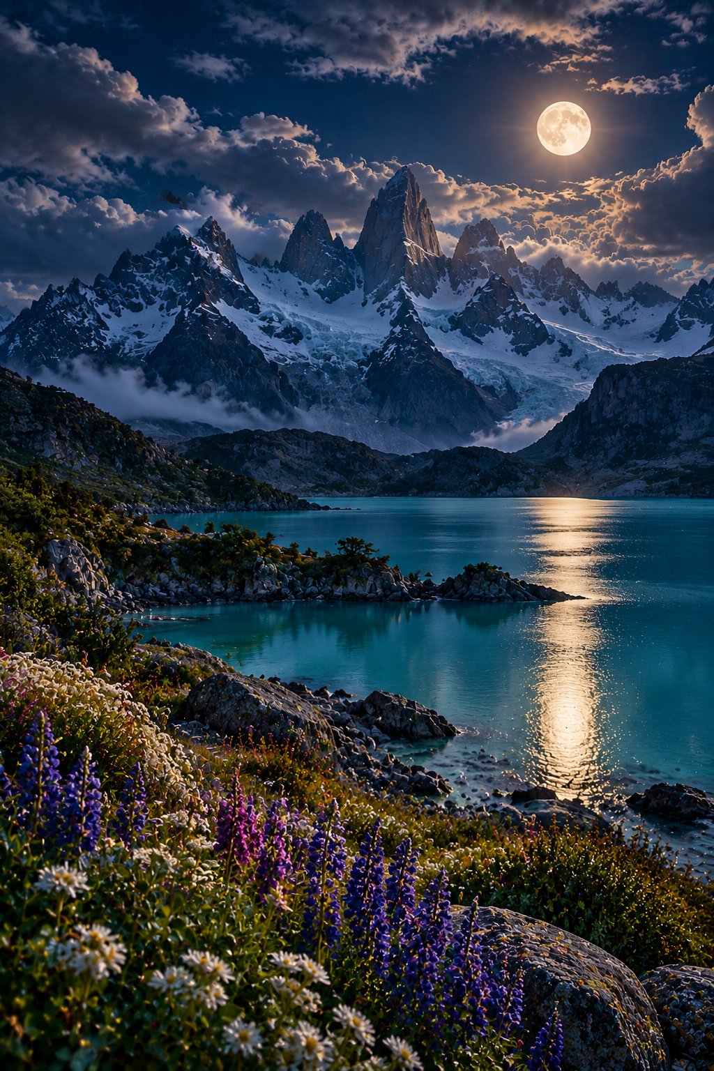 Turquoise glacial lake in Patagonia under moonlight with jagged snow-dusted peaks, moon haze, and wildflowers along the shore