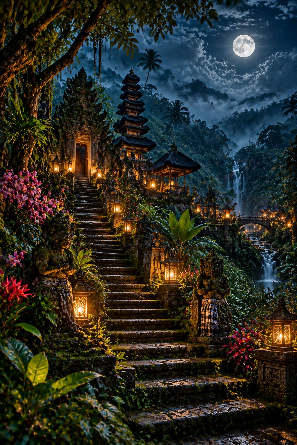 Mossy Balinese temple stone steps in jungle mist at night with soft lantern light and moonlight through a dense canopy