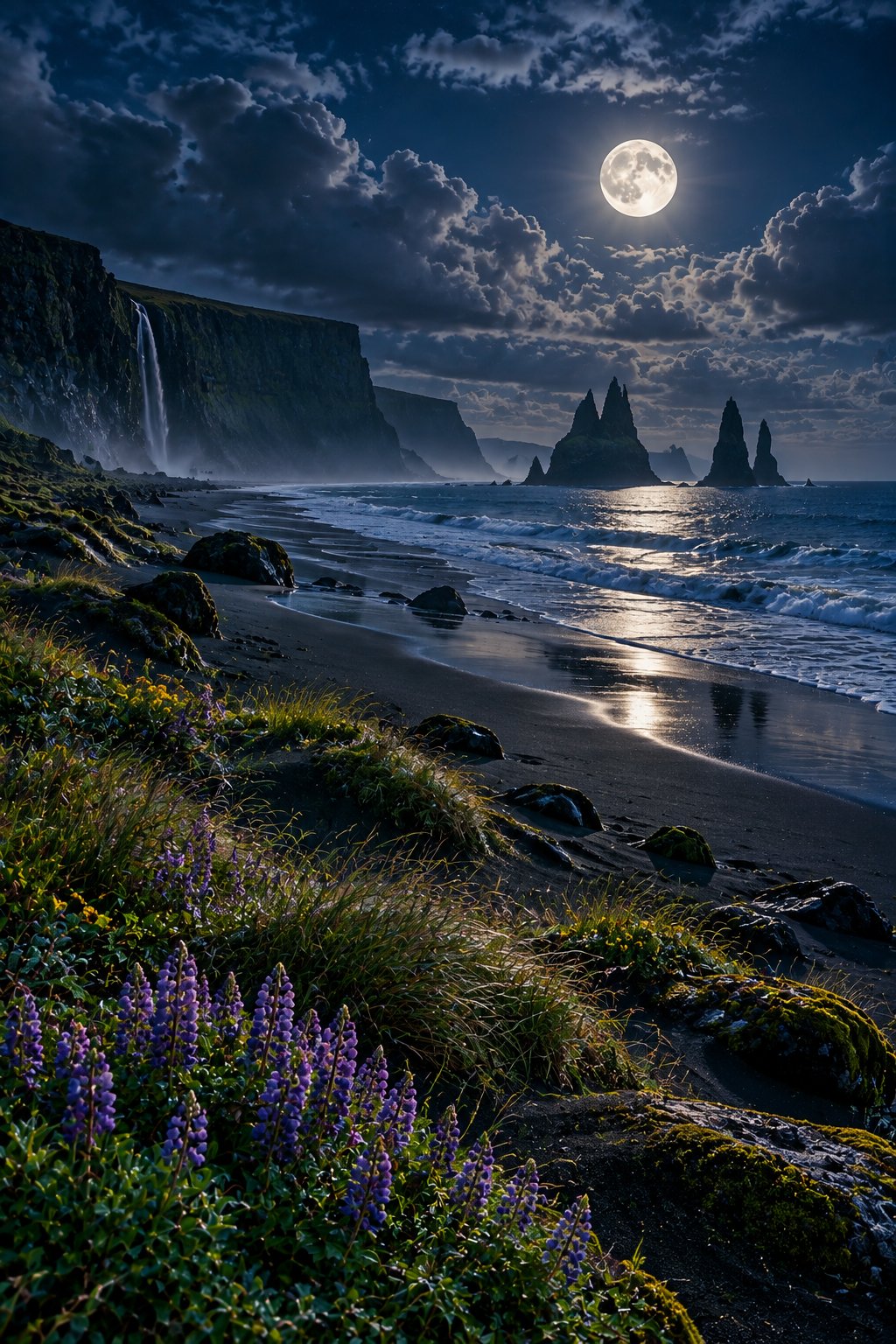Iceland black sand beach at night with basalt sea stacks and northern moonlight gleaming on wet sand under dramatic clouds