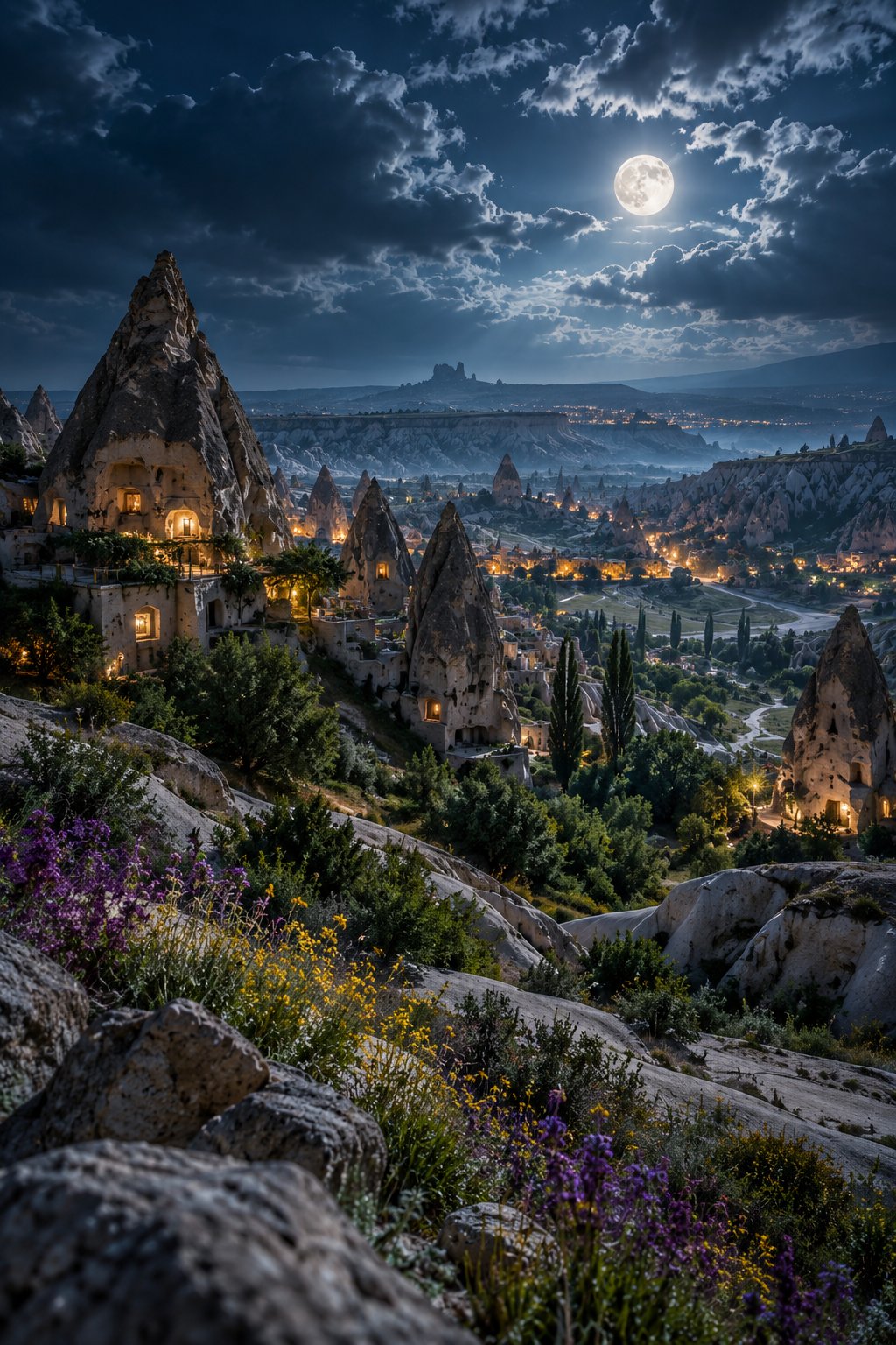 Moonlit Cappadocia fairy chimney rock dwellings with warm cave-house windows, wildflowers on the hillside, and a full moon through dramatic night clouds