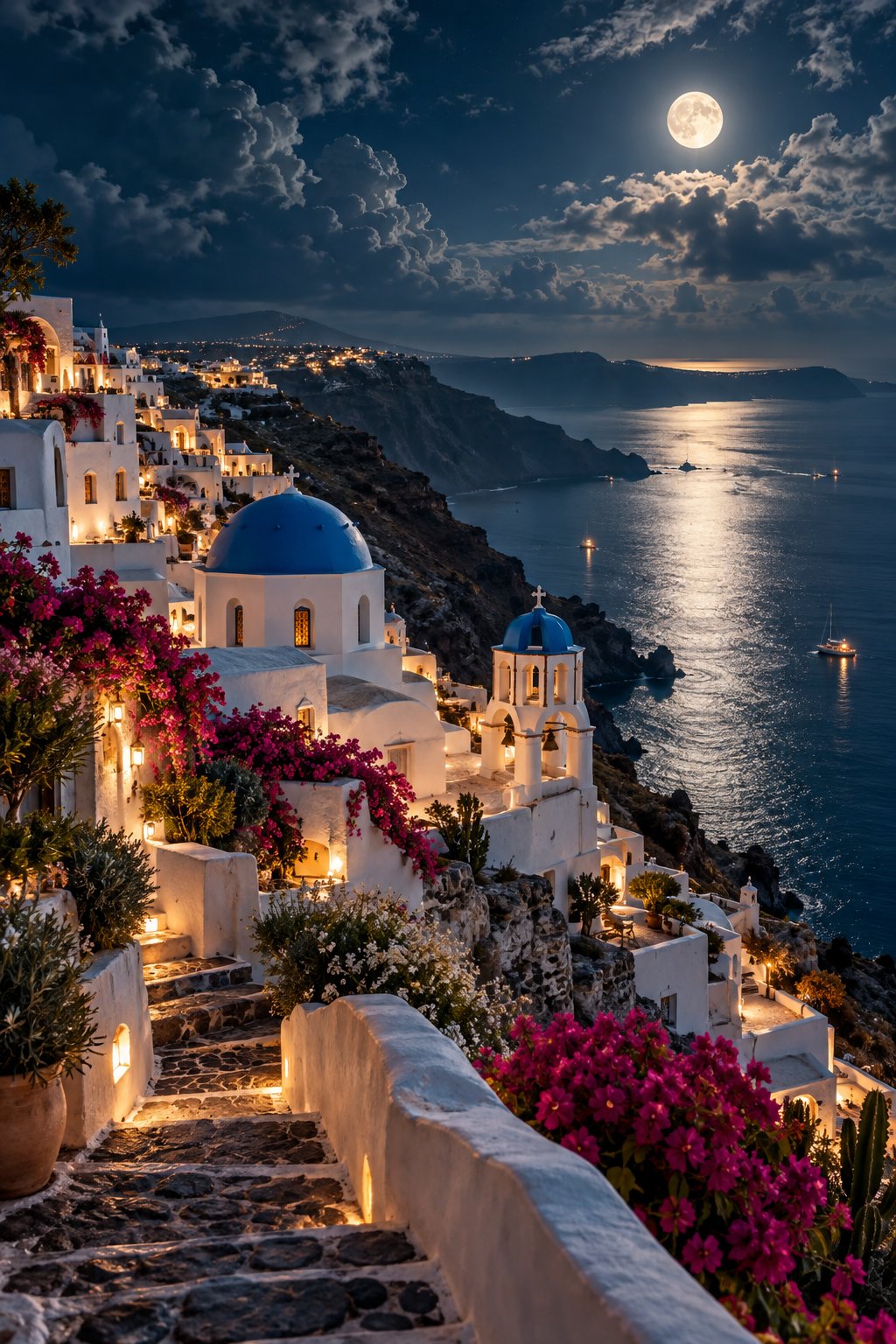 Moonlit Santorini cliffside with whitewashed buildings and blue domes, bougainvillea, and a silver moonlight path across the caldera sea