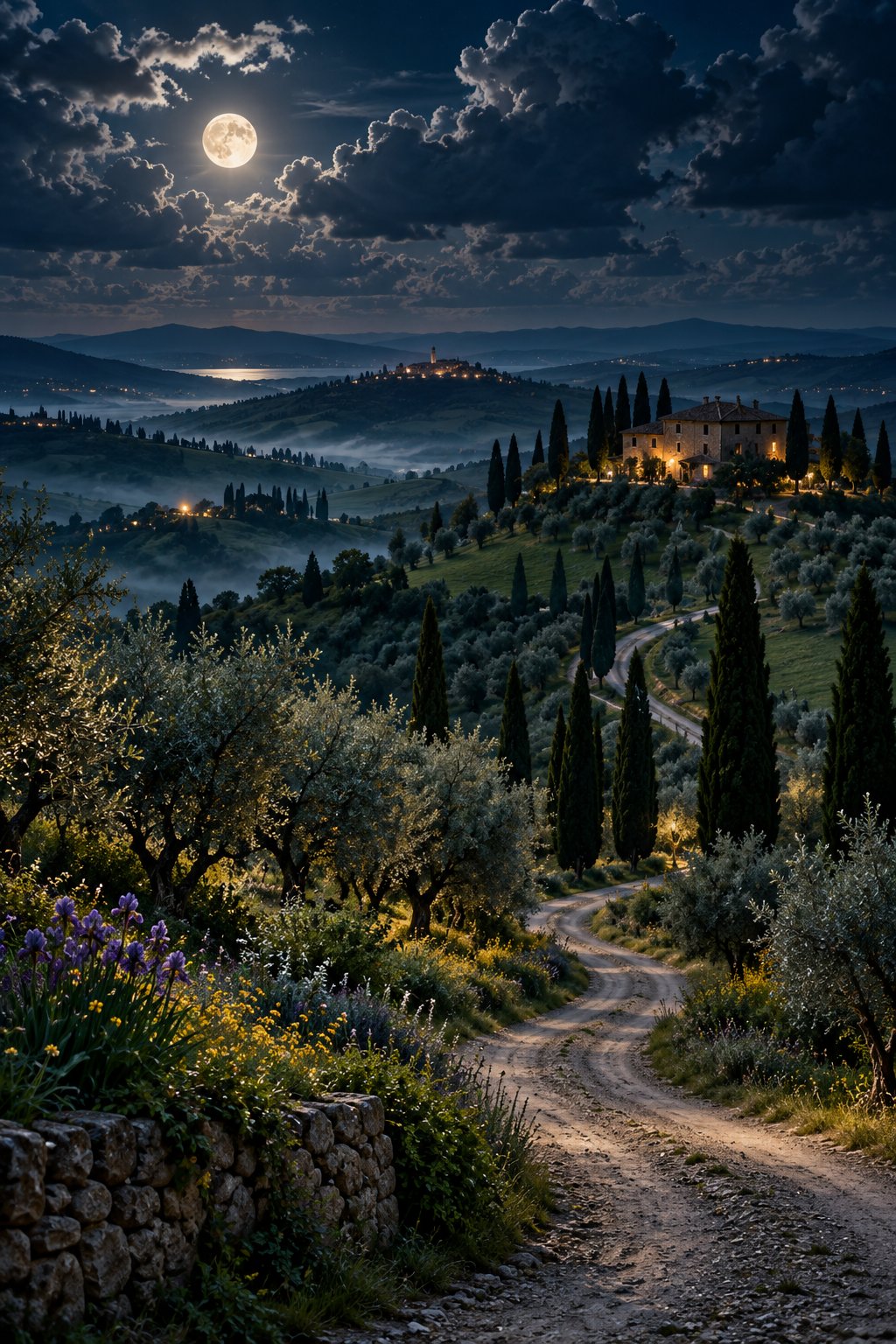 Moonlit Tuscan hills with a cypress-lined road, distant stone villa with warm windows, olive groves and wildflowers under dramatic night clouds