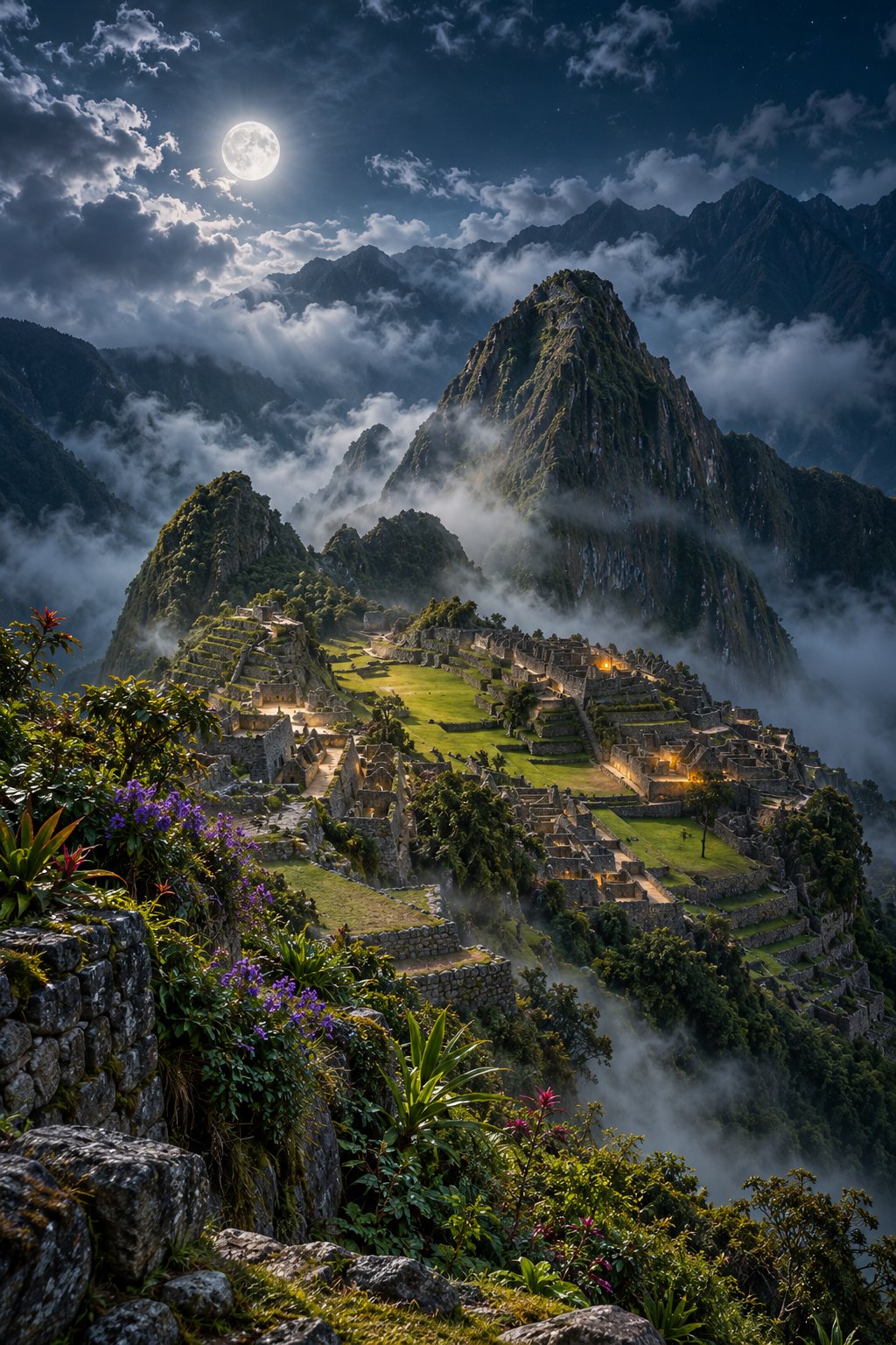 Moonlit Machu Picchu stone terraces emerging from Andean mist with lush vegetation and silver moonlight on ancient walls