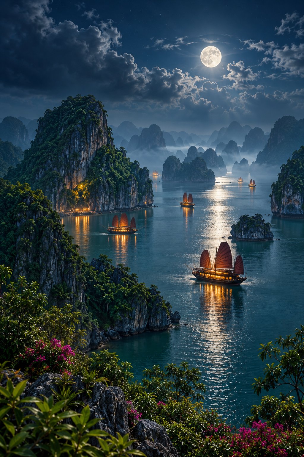 Moonlit Ha Long Bay limestone karsts rising from calm reflective water with lantern-lit junk boats and volumetric night haze