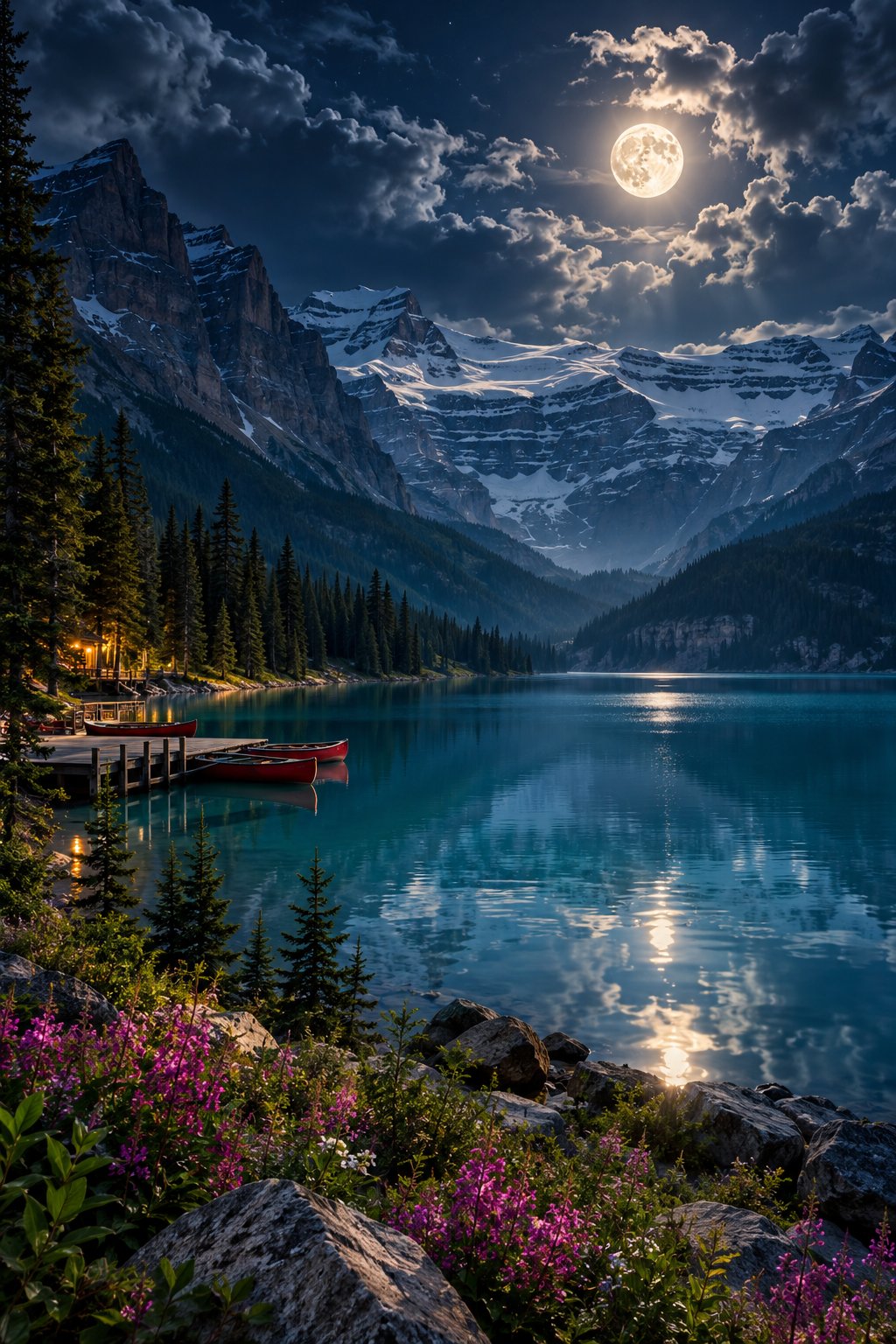 Moonlit Lake Louise in Banff with turquoise glacial water reflecting snowy peaks, pine shore, wildflowers, and a full moon through dramatic night clouds