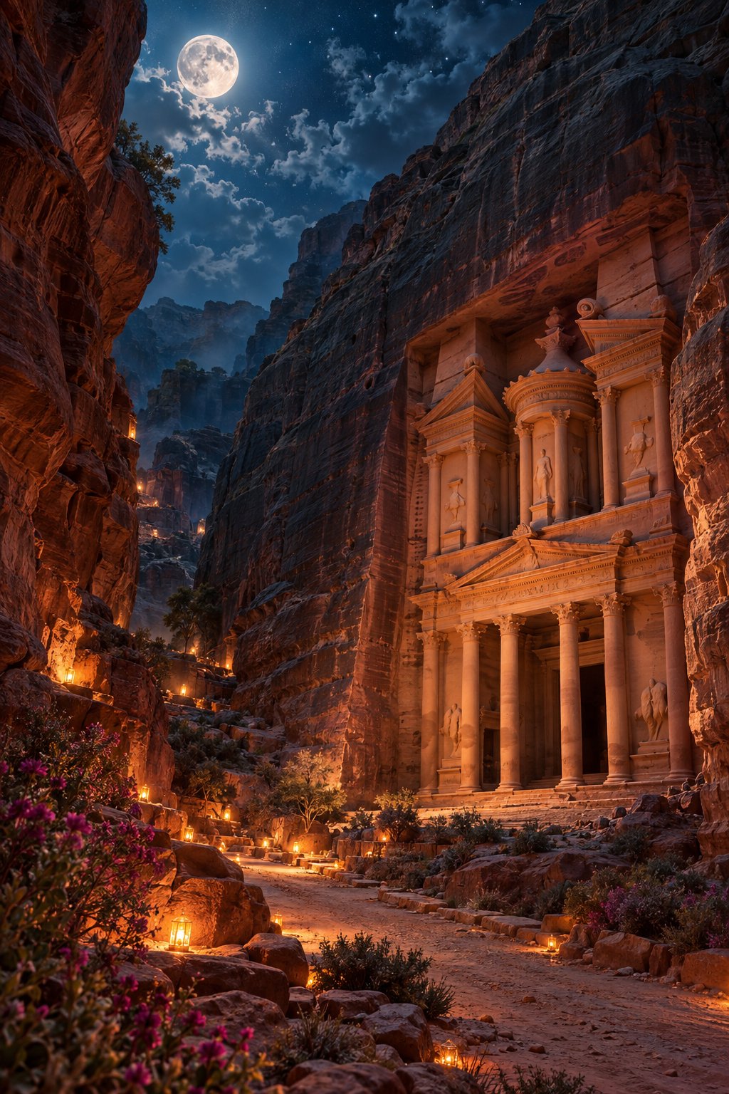 Moonlit Petra Treasury carved into rose-red sandstone with lantern glow in the Siq, classical facade columns, and volumetric night haze