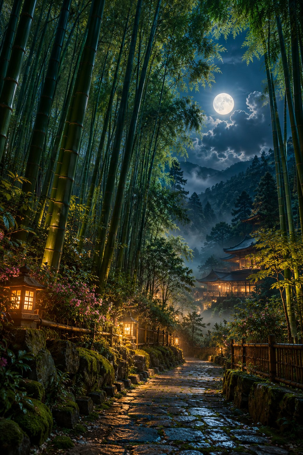Moonlit Kyoto Arashiyama bamboo grove with tall green stalks, a mossy stone path, mist, and silver moonlight filtering through the canopy