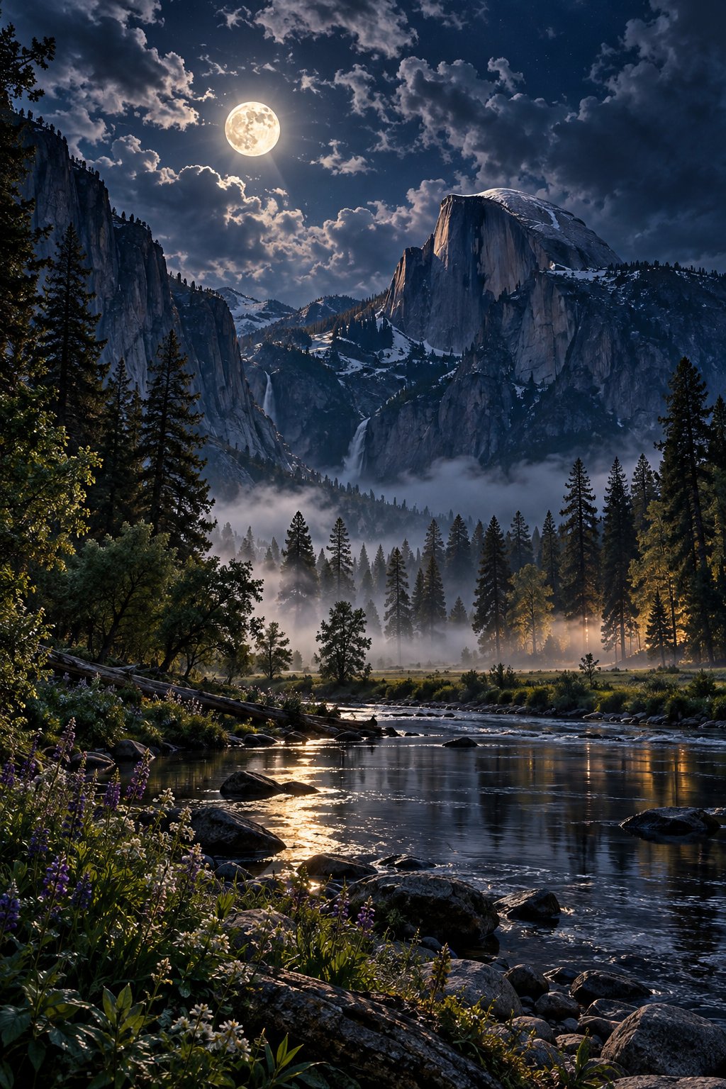 Moonlit Yosemite Valley with Half Dome rising above mist, Merced River reflection, meadow wildflowers, and dramatic night clouds