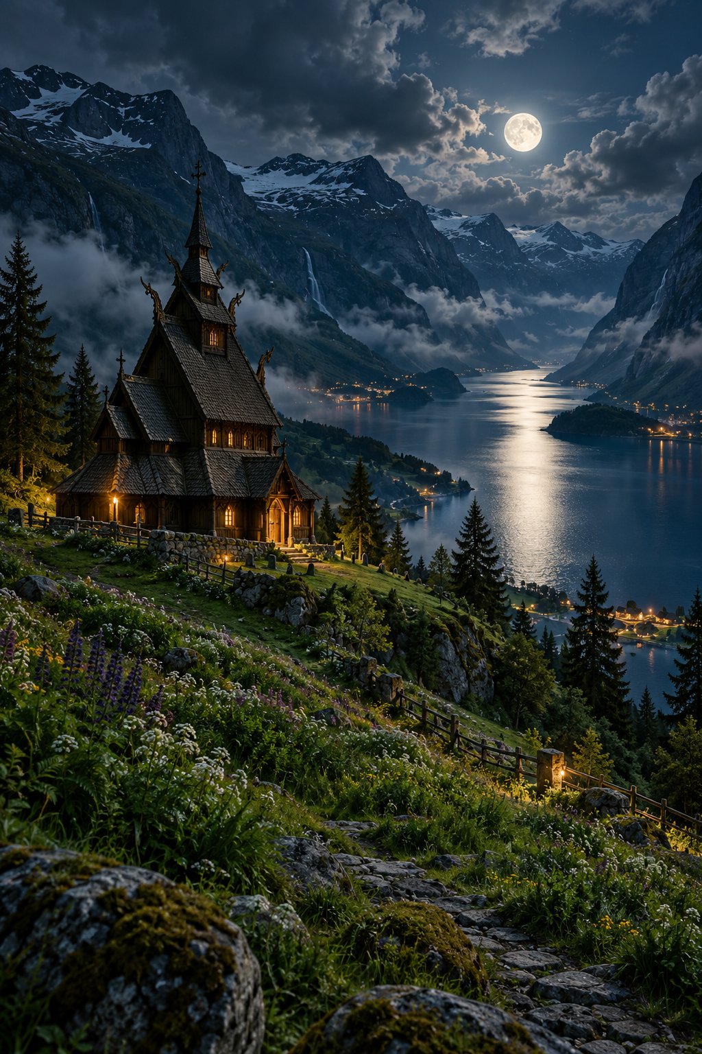 Moonlit Norwegian wooden stave church on a hillside above a deep fjord with warm window glow, meadows, pines, and steep moonlit mountains