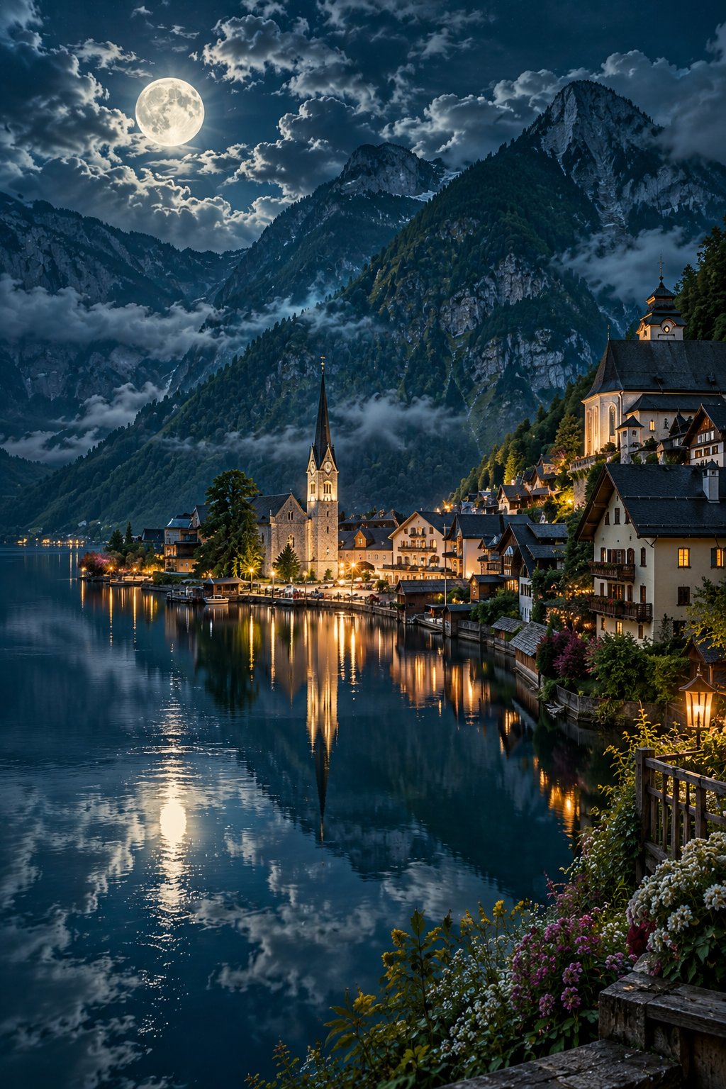 Moonlit Hallstatt lakeside village with church steeple reflected in still alpine water, timber houses, sheer mountains, and a full moon through dramatic night clouds