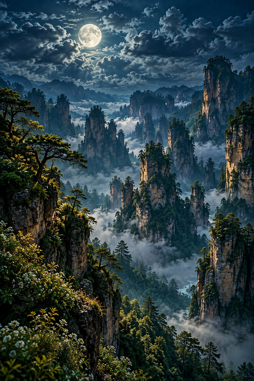 Moonlit Zhangjiajie sandstone pillars rising from misty forest valleys with lush cliff vegetation, volumetric haze, and a full moon through dramatic night clouds