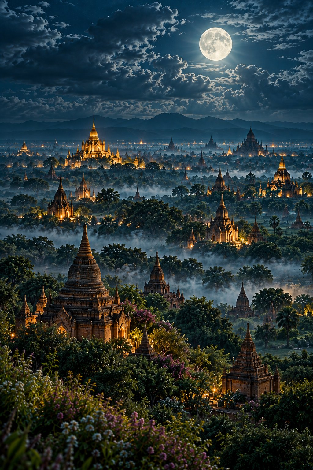 Moonlit Bagan temple plain with countless brick stupas and pagodas across misty fields, soft warm temple lights, and a full moon through dramatic night clouds