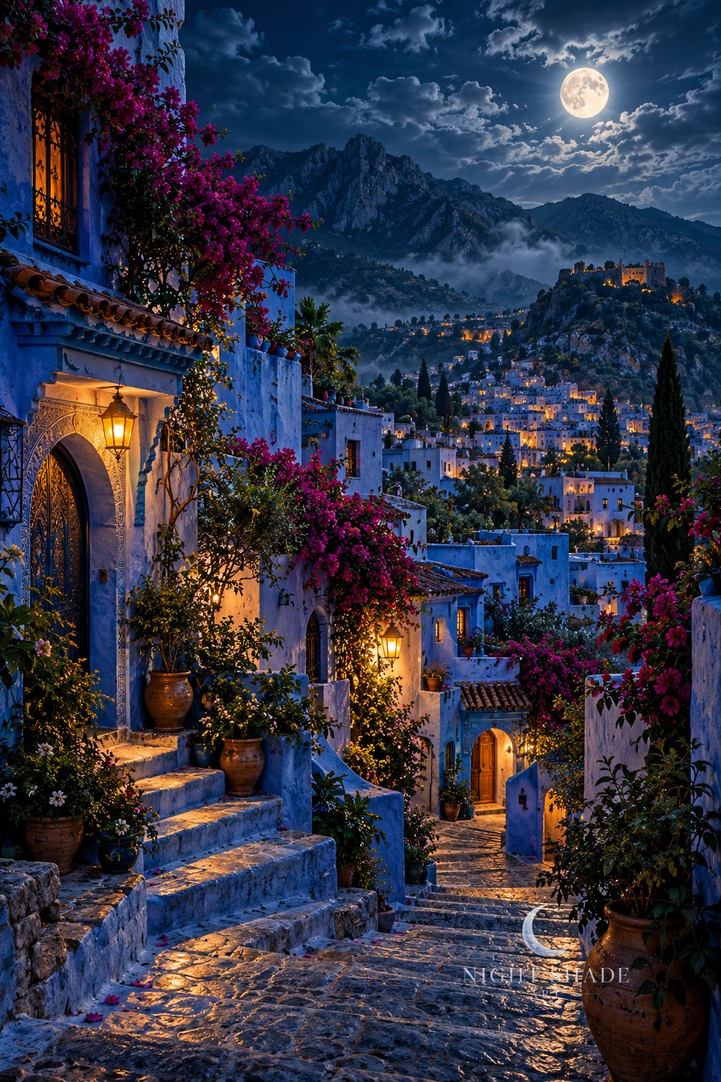 Moonlit Chefchaouen stairway alley of blue-washed stone walls with magenta bougainvillea, potted plants, glowing lanterns, and the hillside town and Rif mountains under a full moon