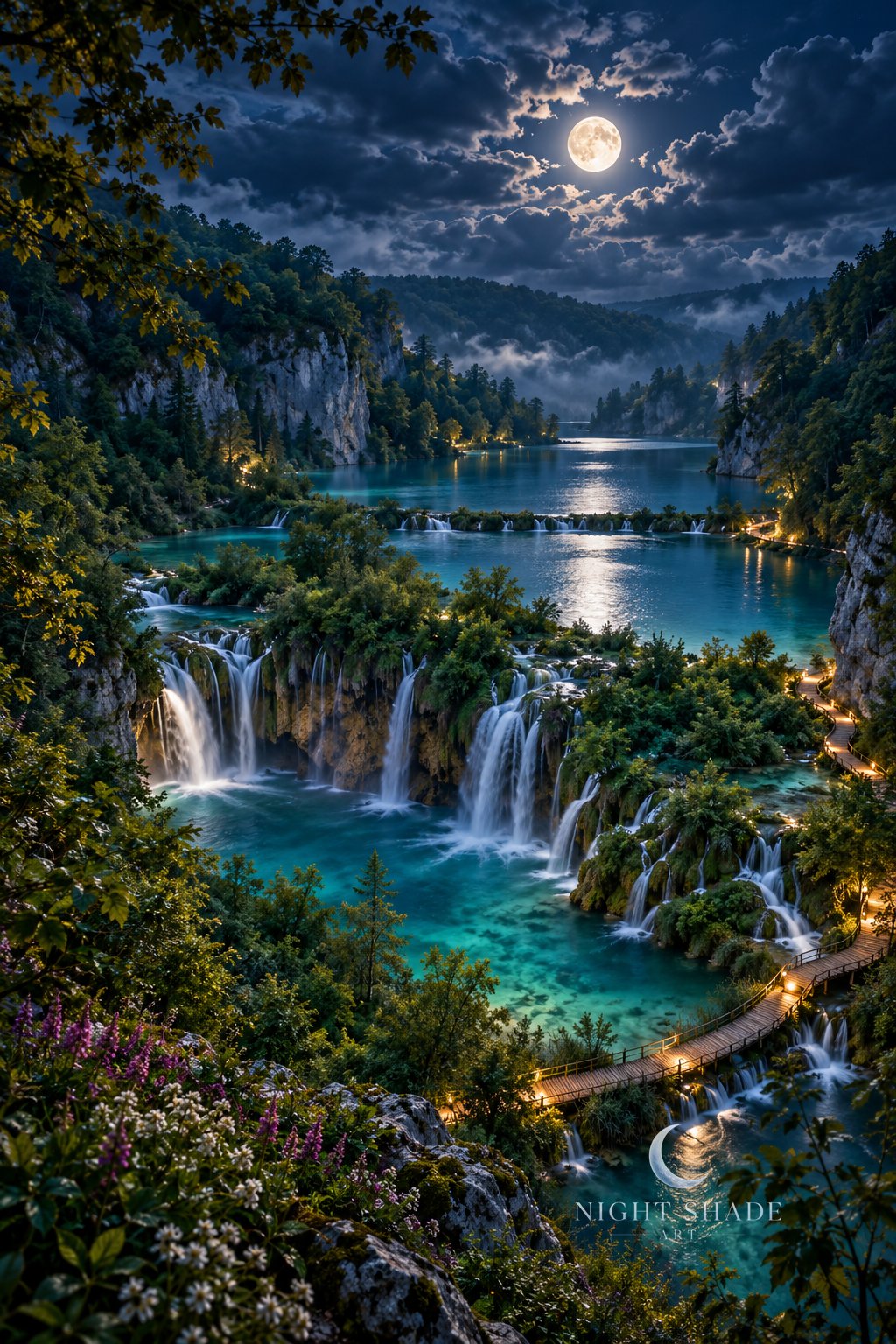 Moonlit Plitvice Lakes with turquoise terraced pools, cascading waterfalls, a lantern-lit wooden boardwalk, forested cliffs, and a full moon in a cloudy night sky