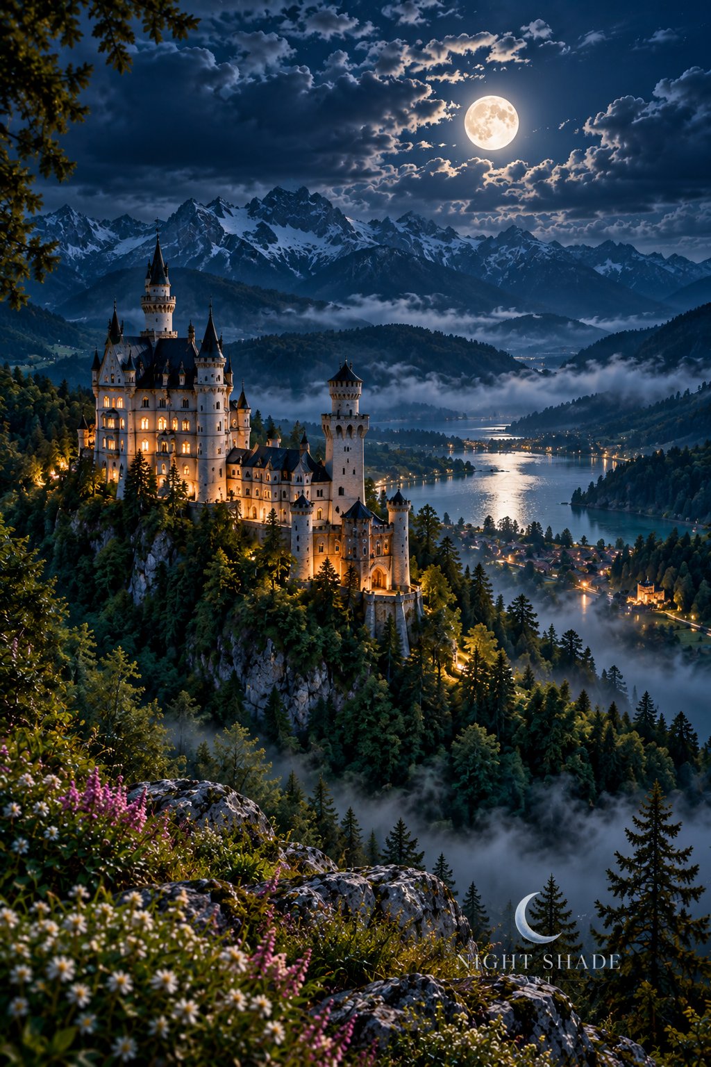 Moonlit Neuschwanstein Castle with glowing windows on a forested crag above a misty valley and moonlit lake, snowy Alps beyond, wildflowers in the foreground, and a full moon