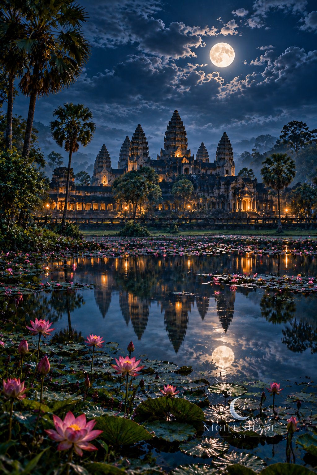 Moonlit Angkor Wat temple towers with warm lights mirrored in a lotus pond of pink lotus flowers, framed by palms, with a full moon reflected in the still water