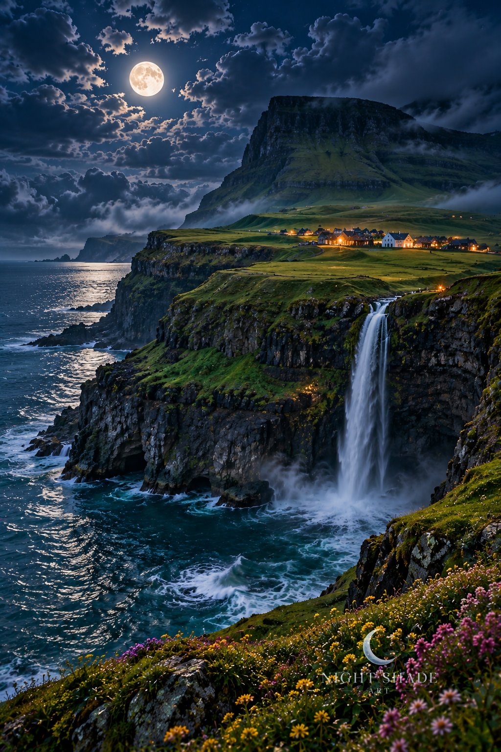 Moonlit Múlafossur waterfall pouring off green sea cliffs into the ocean at Gásadalur, a tiny clifftop village with warm windows, wildflowers, dramatic clouds, and a full moon