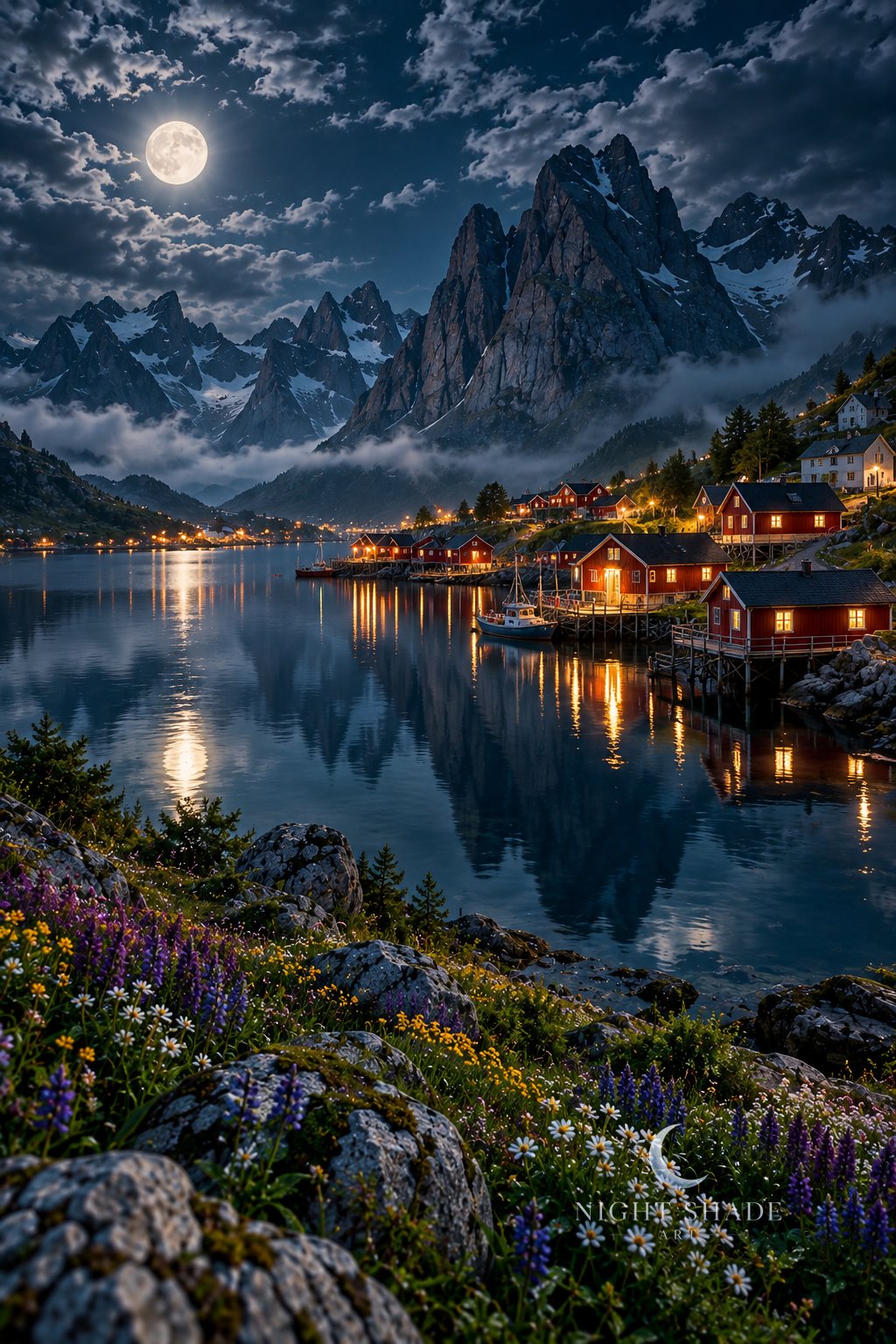 Moonlit Reine fishing village in the Lofoten Islands with red rorbu cabins on stilts and warm lights over a mirror-still fjord, jagged peaks behind, and the full moon reflected in the water