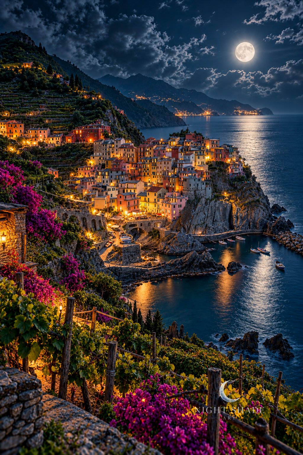 Moonlit Manarola in the Cinque Terre with pastel cliffside houses and lit windows above the sea, magenta bougainvillea and a lantern-lit path in the foreground, and a full moon over the Ligurian Sea