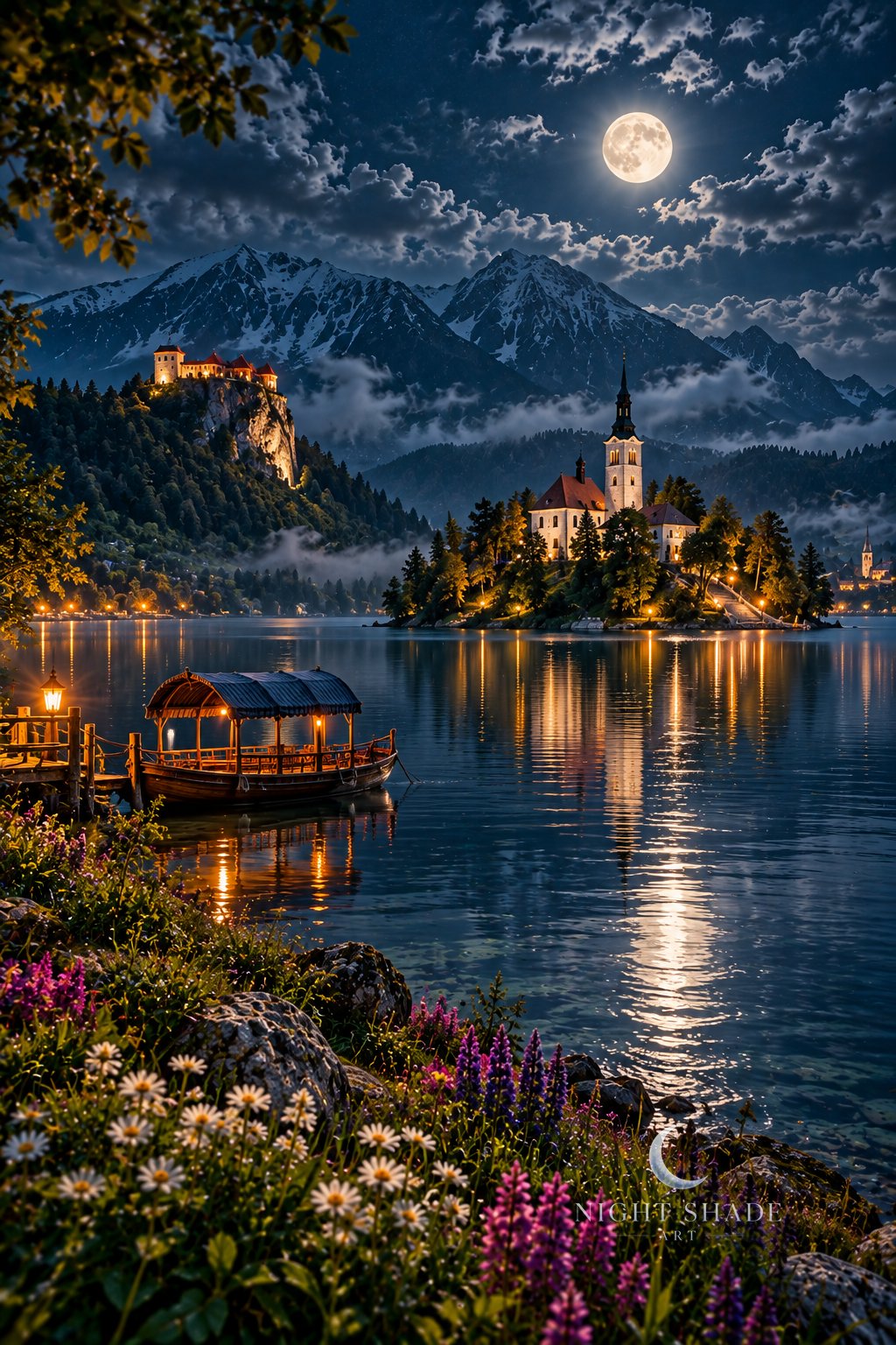 Moonlit Lake Bled with the island church and its tall bell tower, Bled Castle on its cliff, snowy Julian Alps beyond, a covered wooden pletna boat with lanterns, and wildflowers on the shore