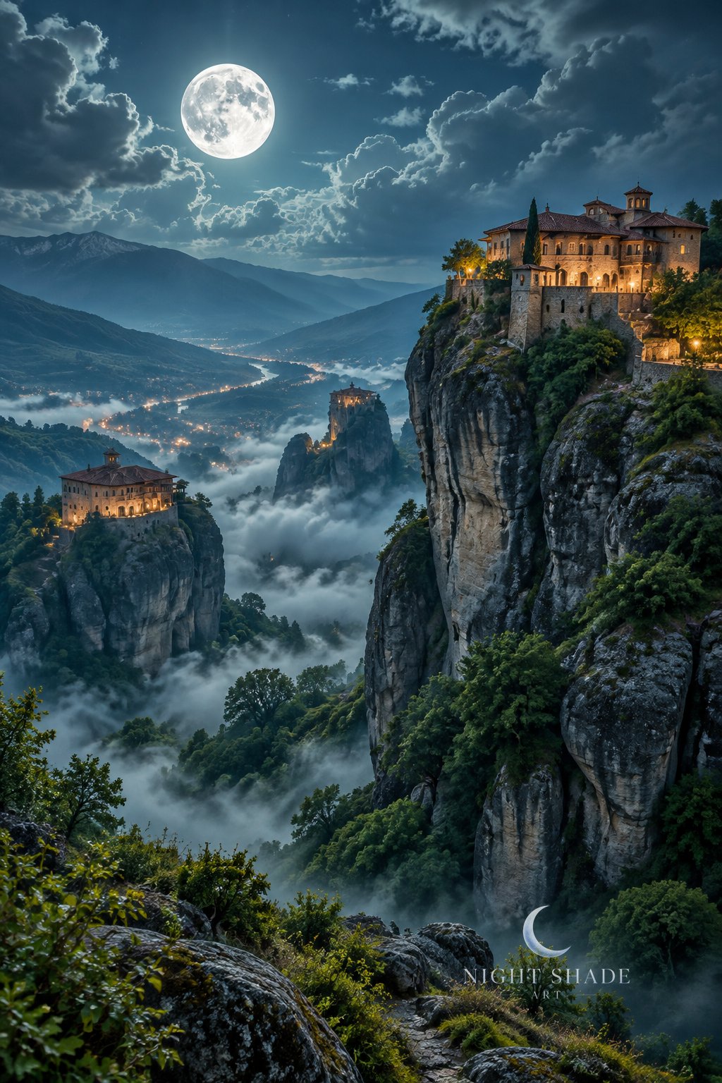 Moonlit Meteora in Greece with lit monasteries perched on sheer sandstone pillars, mist filling the valley below, village lights along the river plain, and a full moon over the mountains, night landscape wall art print