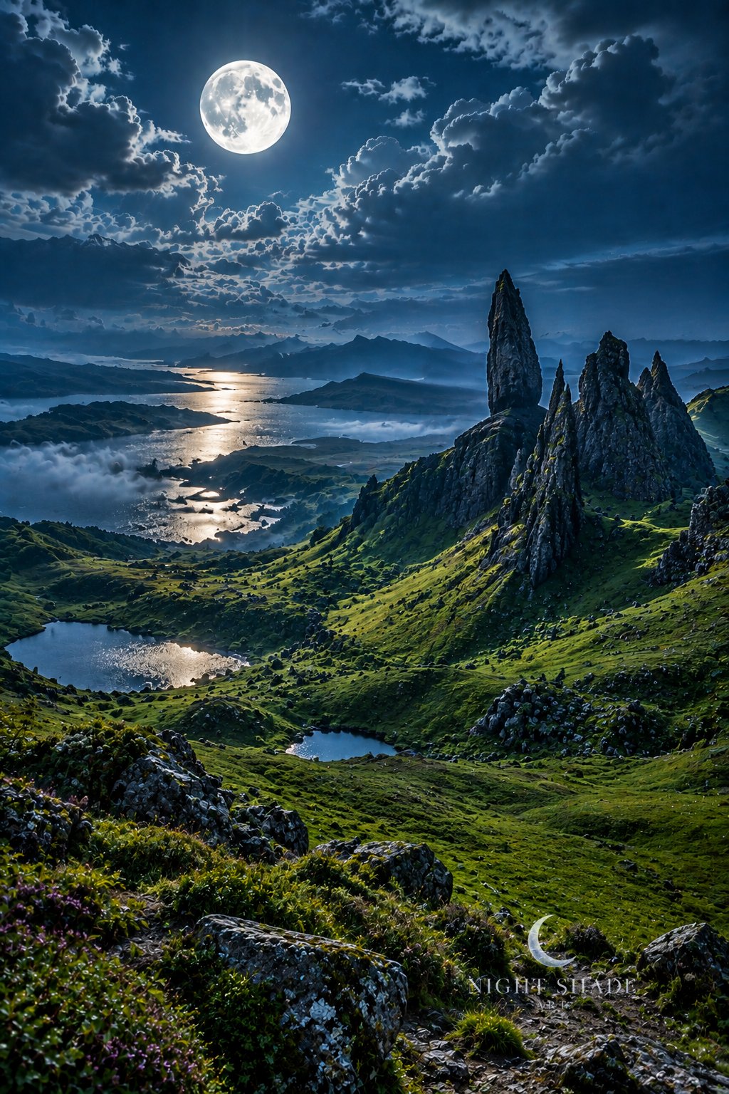 Moonlit Old Man of Storr on the Isle of Skye with jagged rock pinnacles above green slopes, small lochans and a sea loch catching the moonlight, heather in the foreground, and a full moon over the Scottish Highlands, night landscape wall art print