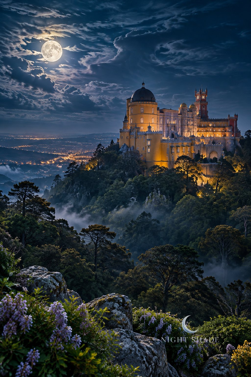 Moonlit Pena Palace in Sintra, Portugal, glowing gold on a misty forested hilltop, with distant town lights, lavender flowers on mossy rocks in the foreground and a full moon behind wispy clouds, night landscape wall art print