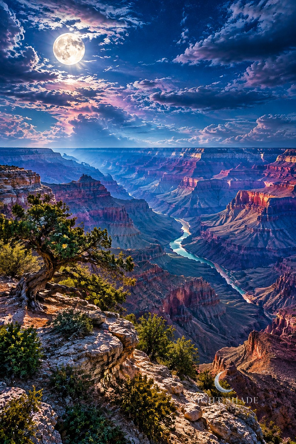 Moonlit Grand Canyon from the South Rim with a twisted juniper on the rocky edge, layered red canyon walls, the turquoise Colorado River far below and a full moon among pink clouds, night landscape wall art print