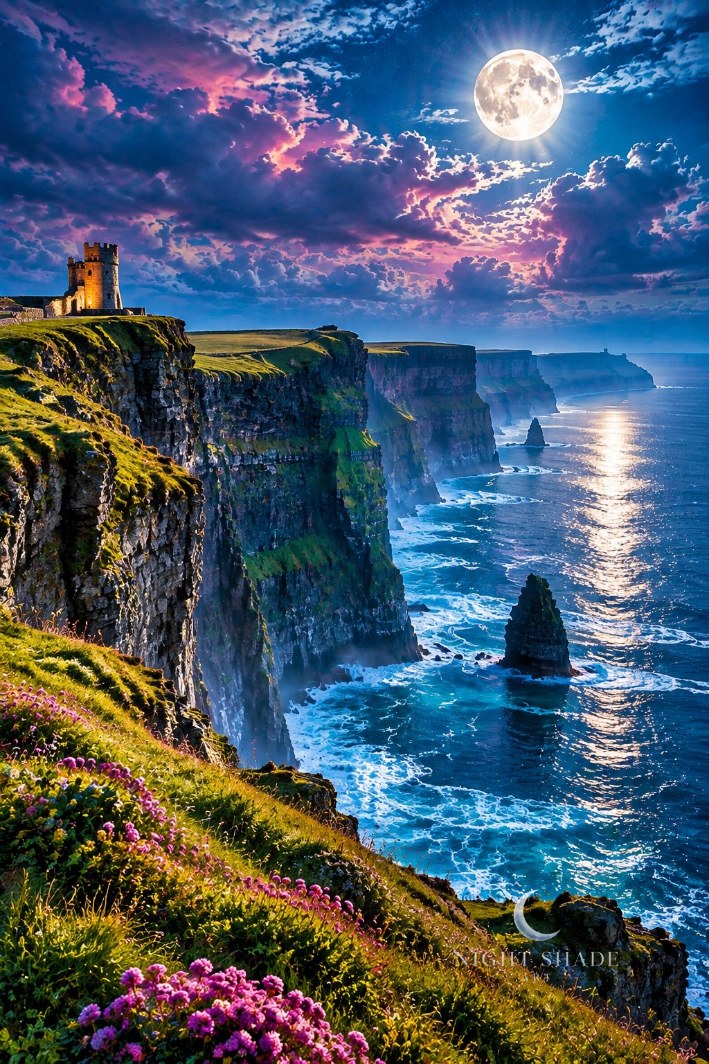 Moonlit Cliffs of Moher in Ireland with O’Brien’s Tower on the green clifftop, a sea stack in the Atlantic surf, a silver moon path on the water and pink sea flowers in the foreground, night landscape wall art print