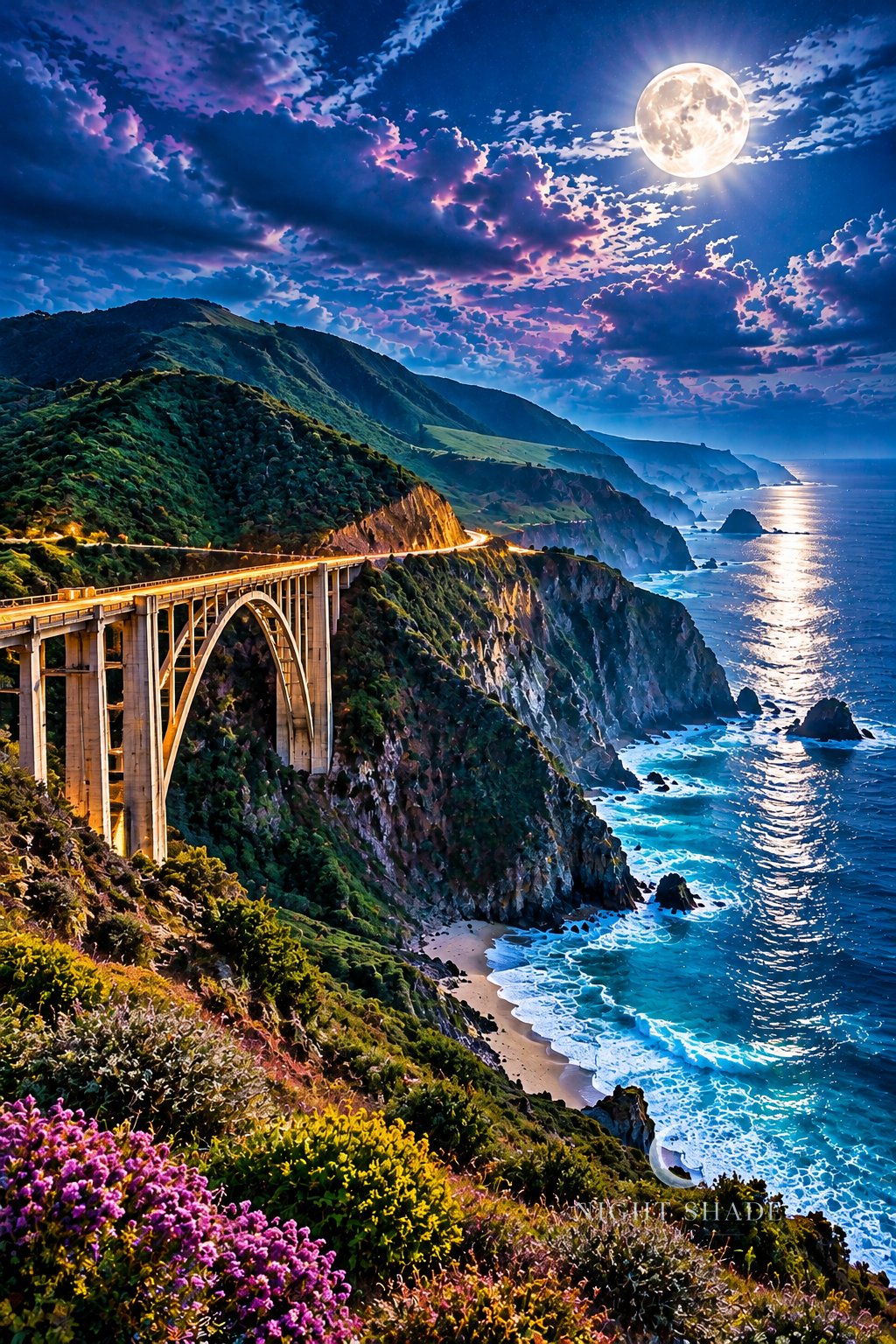 Moonlit Bixby Creek Bridge on the Big Sur coast of California, its lit arch spanning a canyon above a small beach, Pacific surf and sea rocks below and pink wildflowers in the foreground, night landscape wall art print