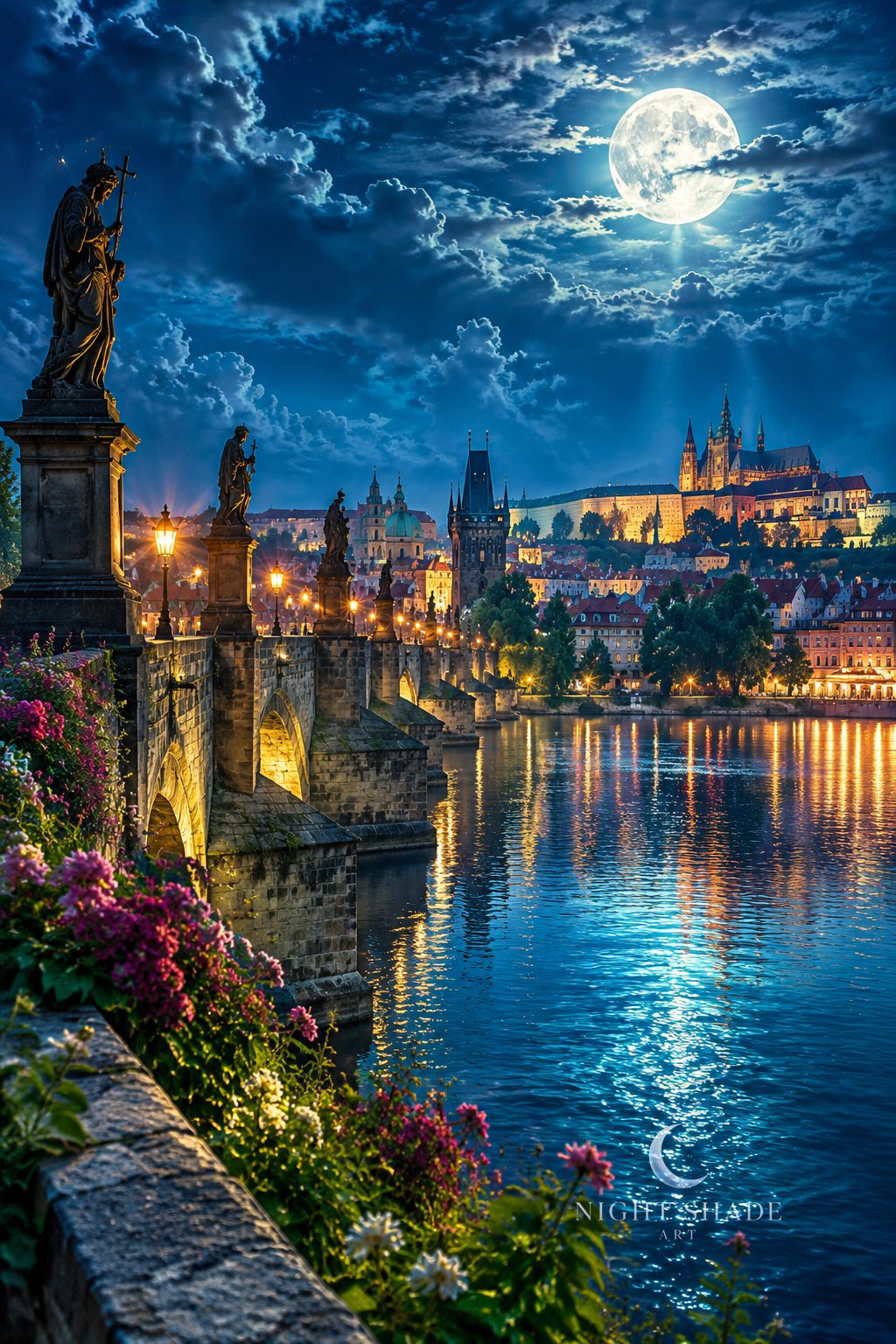 Moonlit Charles Bridge in Prague with its rows of stone statues and Gothic bridge towers, Prague Castle glowing on the hill across the Vltava River and a full moon behind wispy clouds, night landscape wall art print