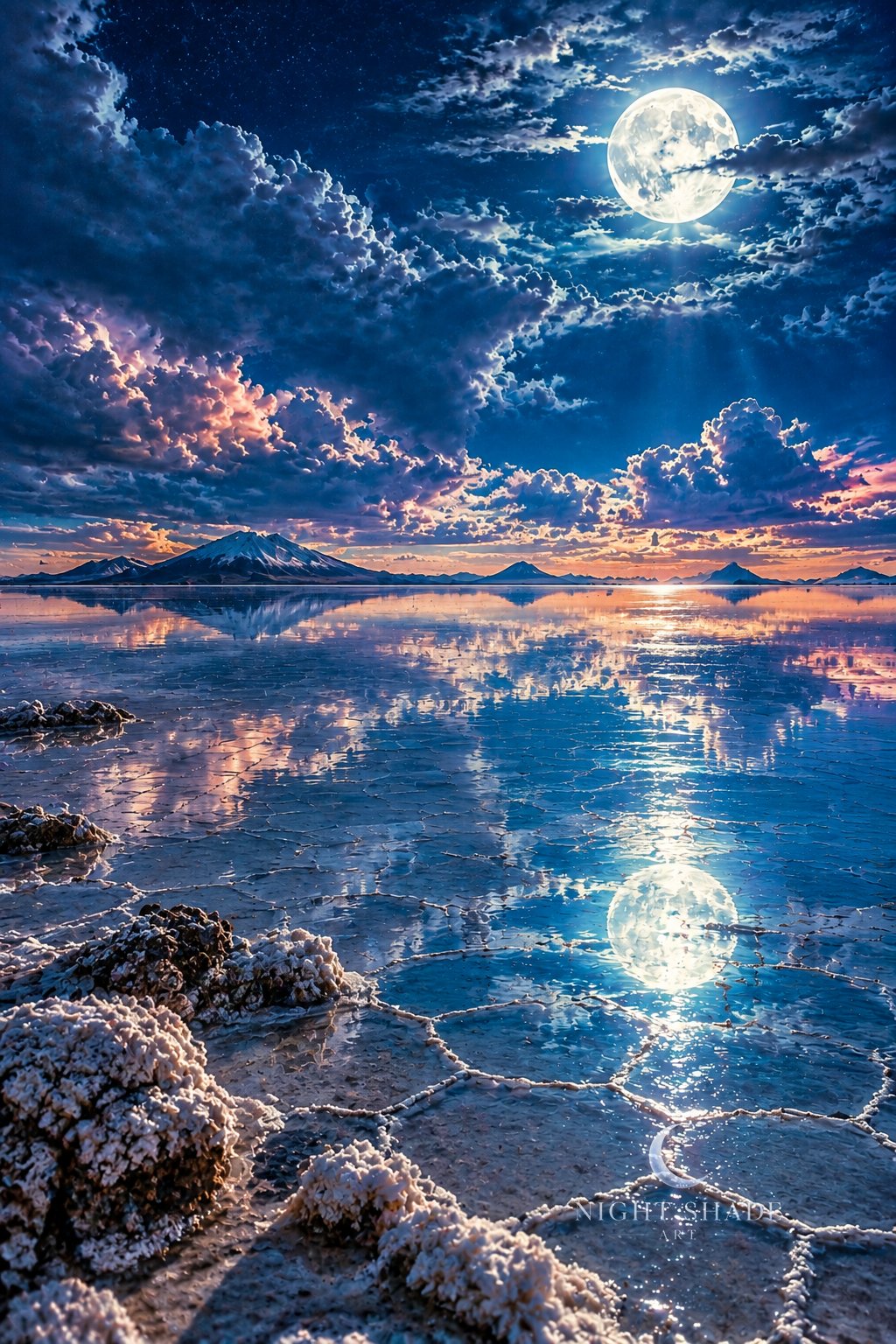 Moonlit Salar de Uyuni salt flat in Bolivia under a thin layer of water, mirroring the glowing sky, distant mountains and a full moon behind wispy clouds, night landscape wall art print