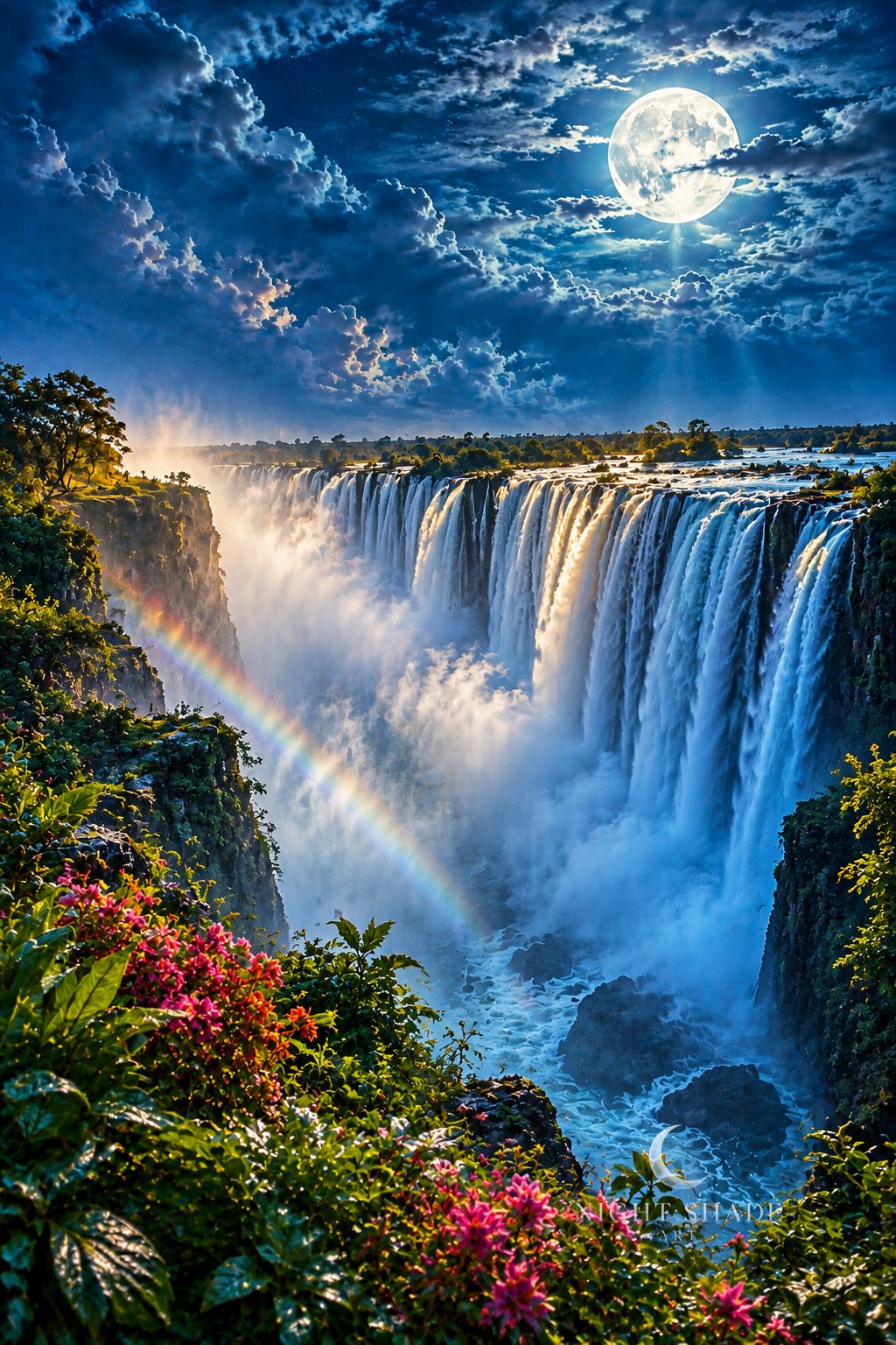 Moonlit Victoria Falls on the Zambezi River, a wide curtain of white water plunging into a misty gorge lined with green rainforest, a colorful moonbow in the spray and a full moon behind wispy clouds, night landscape wall art print
