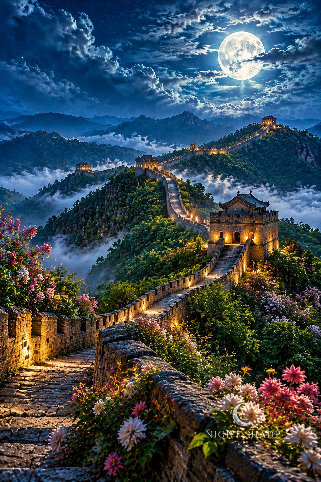 Moonlit Great Wall of China at Mutianyu winding along forested mountain ridges, its stone watchtowers glowing with warm light and a full moon behind wispy clouds, night landscape wall art print